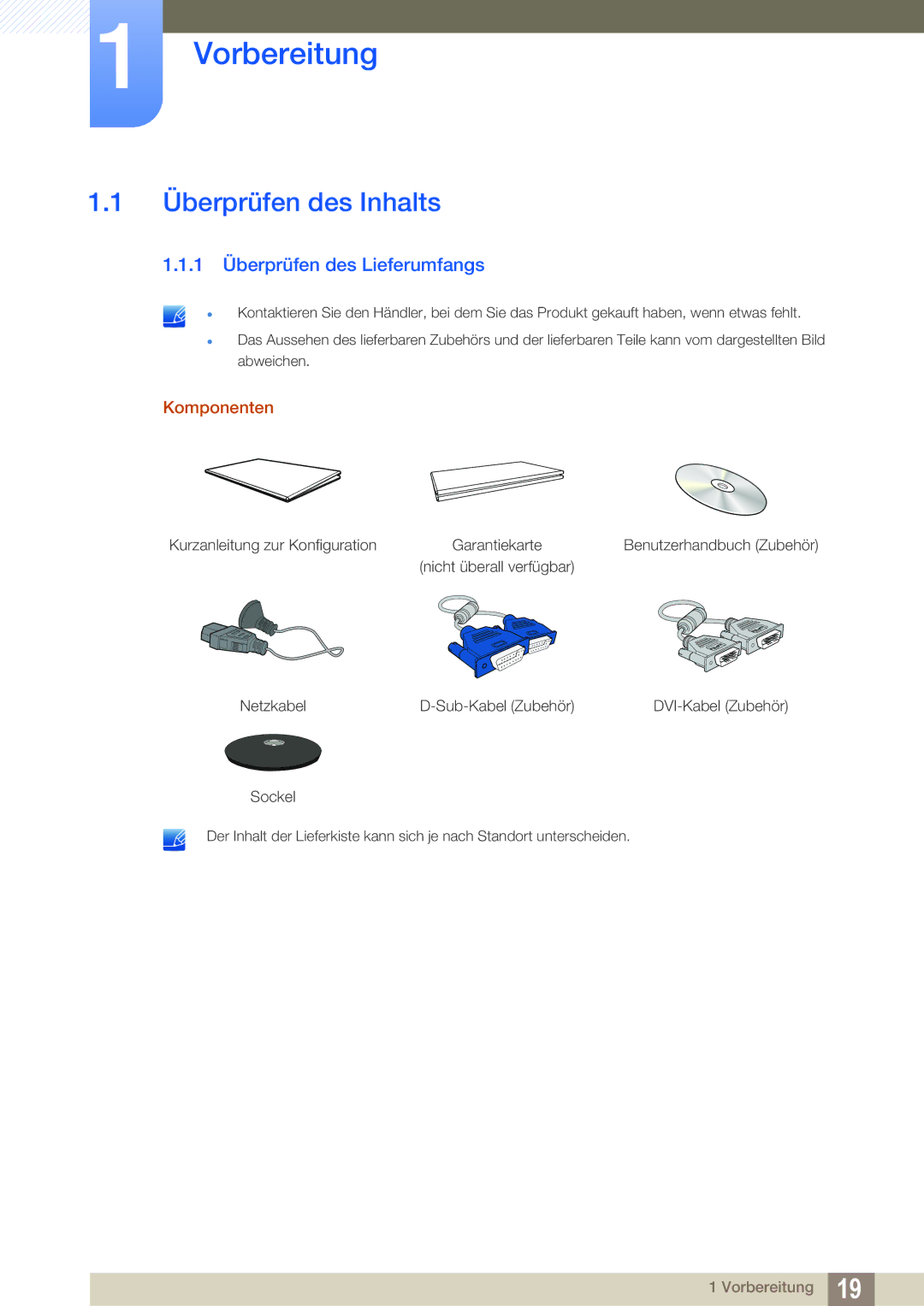 Samsung LS24B420BWV/EN, LS24B42XBWG/EN manual Vorbereitung, Überprüfen des Inhalts, 1 Überprüfen des Lieferumfangs 