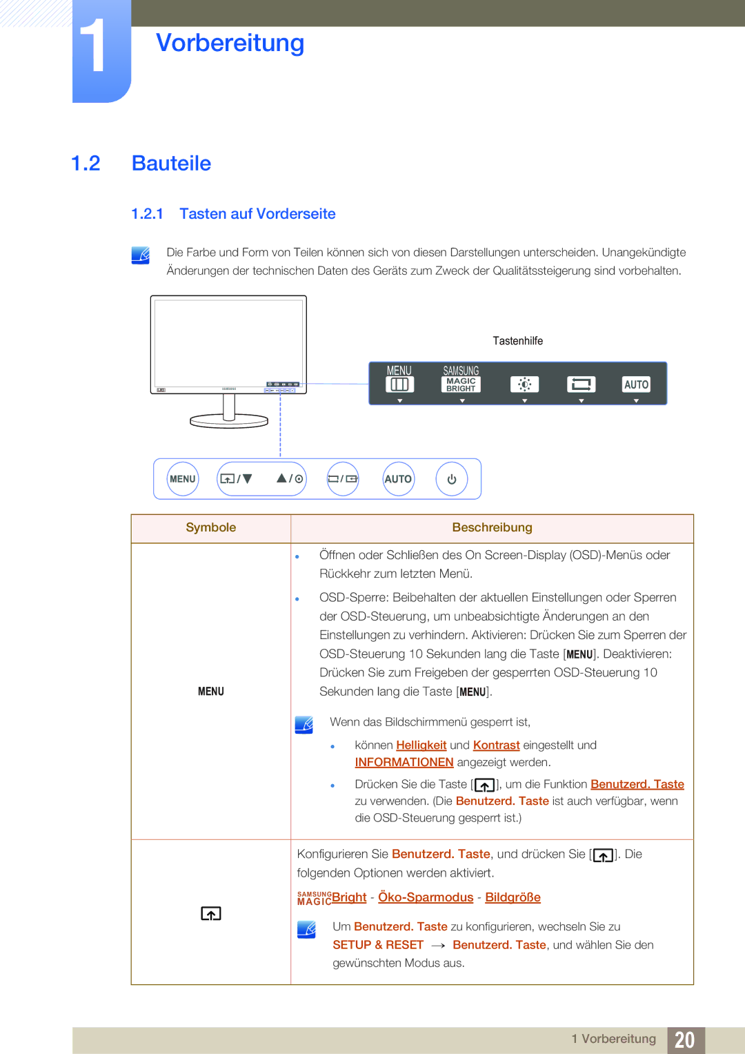 Samsung LS24B42XBWG/EN, LS24B420BWV/EN manual Bauteile, Tasten auf Vorderseite 