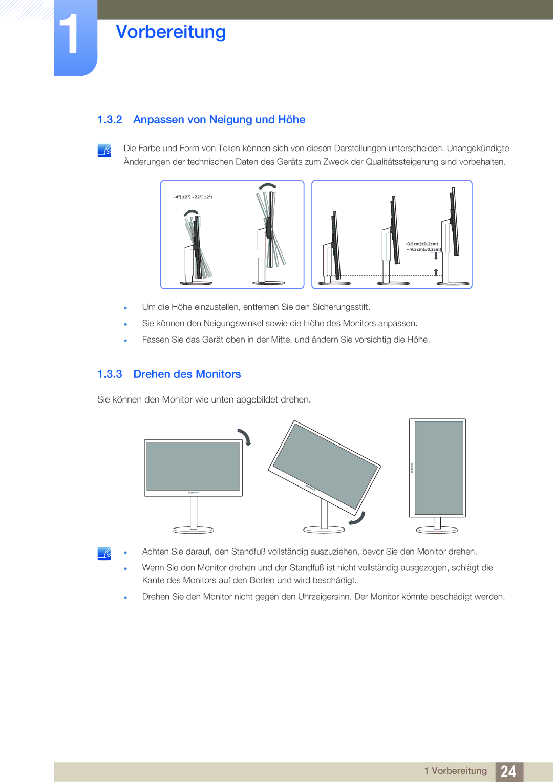 Samsung LS24B42XBWG/EN, LS24B420BWV/EN manual Anpassen von Neigung und Höhe, Drehen des Monitors 