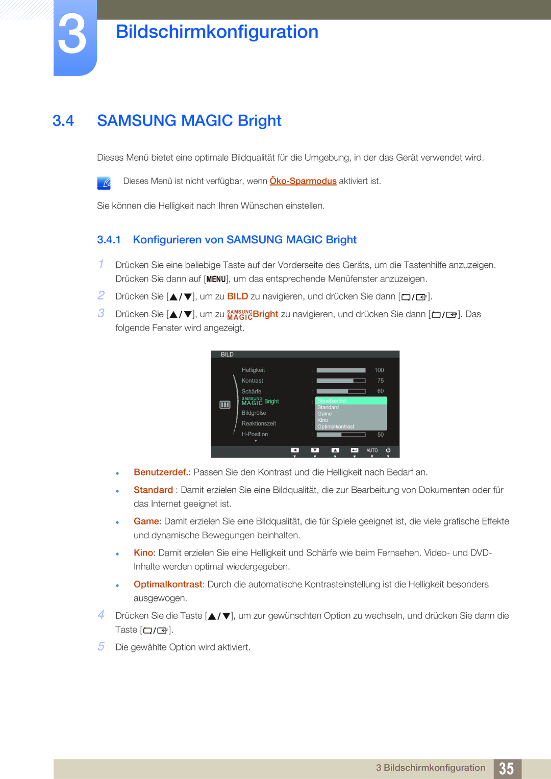 Samsung LS24B420BWV/EN, LS24B42XBWG/EN manual Konfigurieren von Samsung Magic Bright 