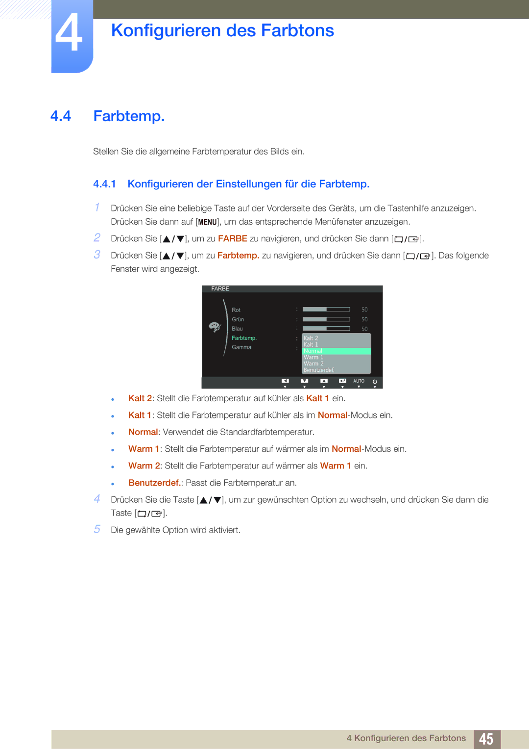 Samsung LS24B420BWV/EN, LS24B42XBWG/EN manual Konfigurieren der Einstellungen für die Farbtemp 