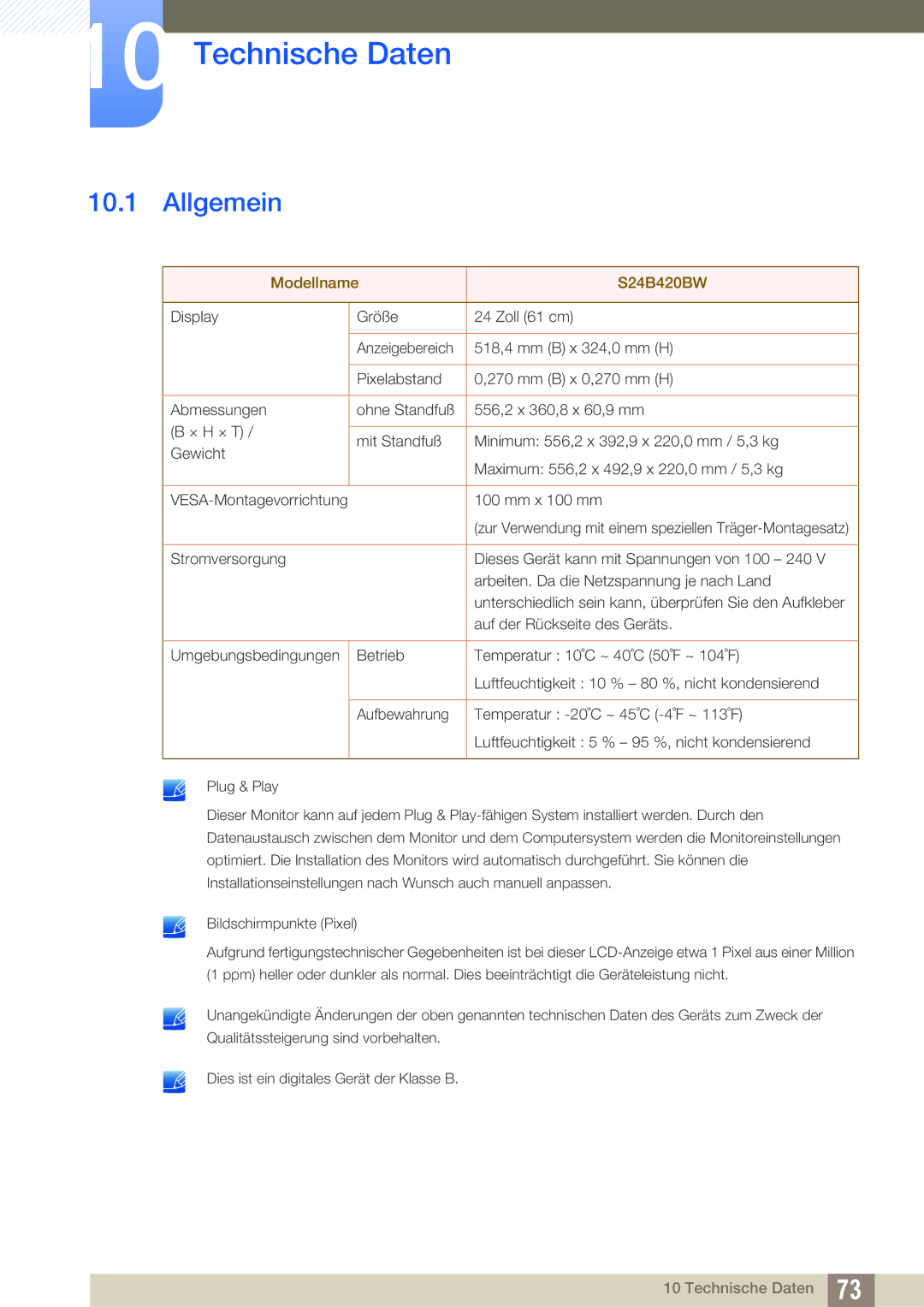 Samsung LS24B420BWV/EN, LS24B42XBWG/EN manual Technische Daten, Allgemein 