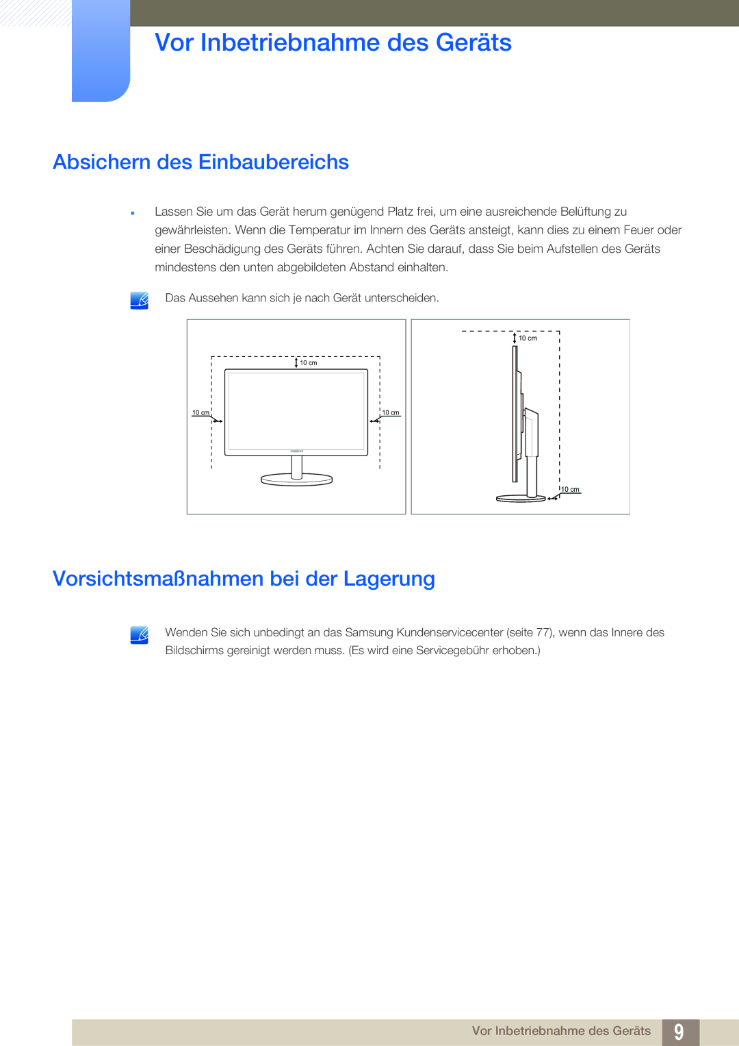 Samsung LS24B420BWV/EN, LS24B42XBWG/EN manual Absichern des Einbaubereichs, Vorsichtsmaßnahmen bei der Lagerung 