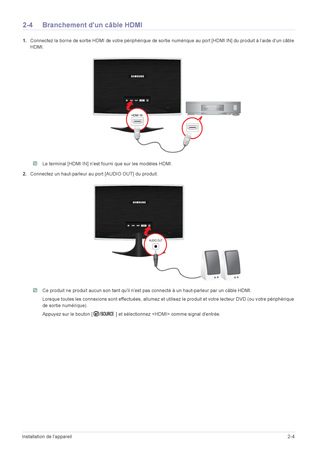 Samsung LS22B5HVFH/EN, LS24B5HVFE/EN, LS22B5HVFE/EN, LS24B5LVFH/EN, LS24B5HVFH/EN, LS23B5HVFH/EN Branchement dun câble Hdmi 