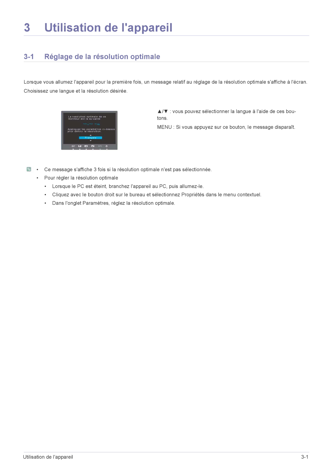 Samsung LS22B5HVFE/EN, LS24B5HVFE/EN, LS24B5LVFH/EN manual Utilisation de lappareil, Réglage de la résolution optimale 