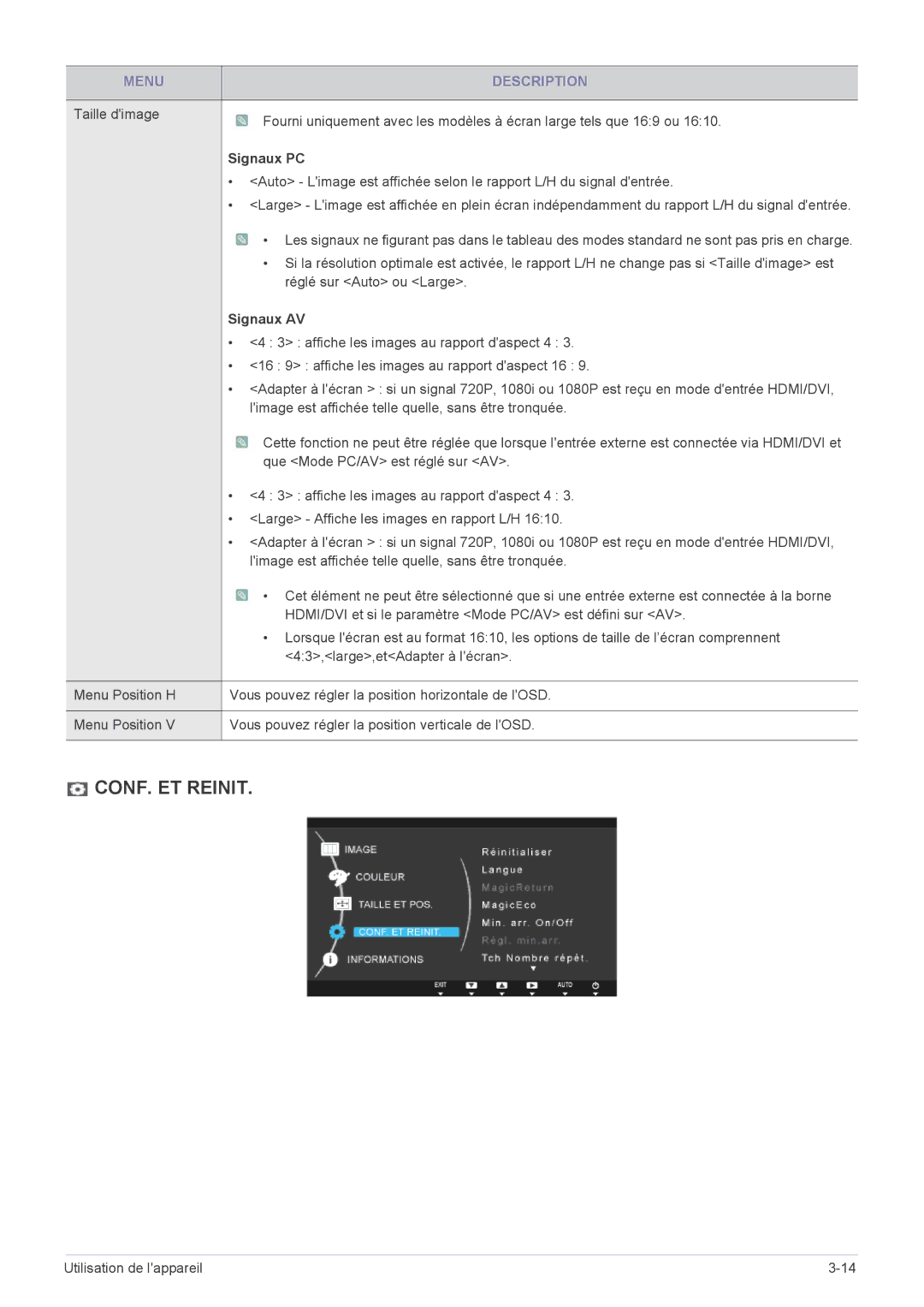 Samsung LS24B5HVFH/EN, LS24B5HVFE/EN, LS22B5HVFE/EN, LS24B5LVFH/EN, LS23B5HVFH/EN, LS22B5HVFH/EN CONF. ET Reinit, Signaux AV 