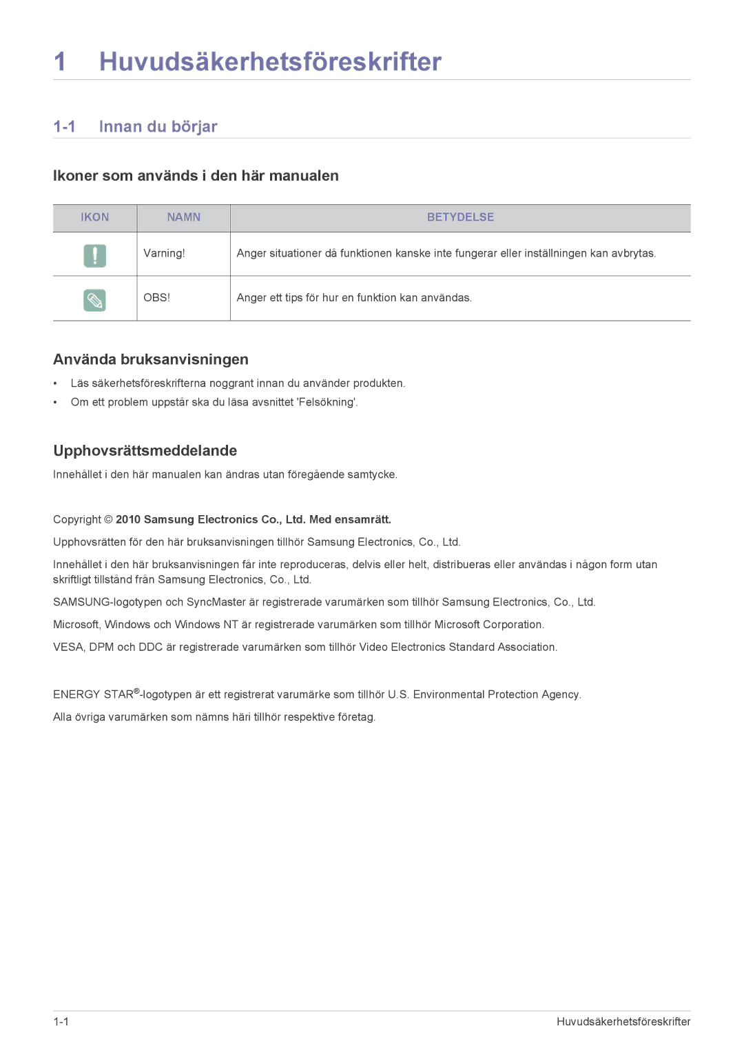 Samsung LS24B5HVFH/EN, LS24B5HVFE/EN Innan du börjar, Ikoner som används i den här manualen, Använda bruksanvisningen 