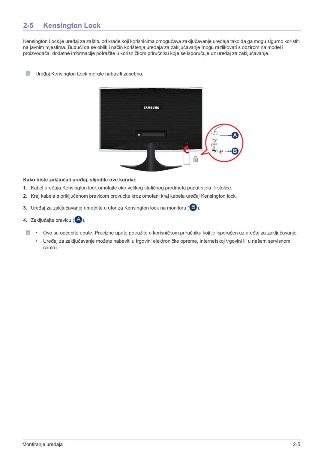 Samsung LS22B5HVFH/EN, LS24B5HVFH/EN, LS23B5HVFH/EN Kensington Lock, Kako biste zaključali uređaj, slijedite ove korake 