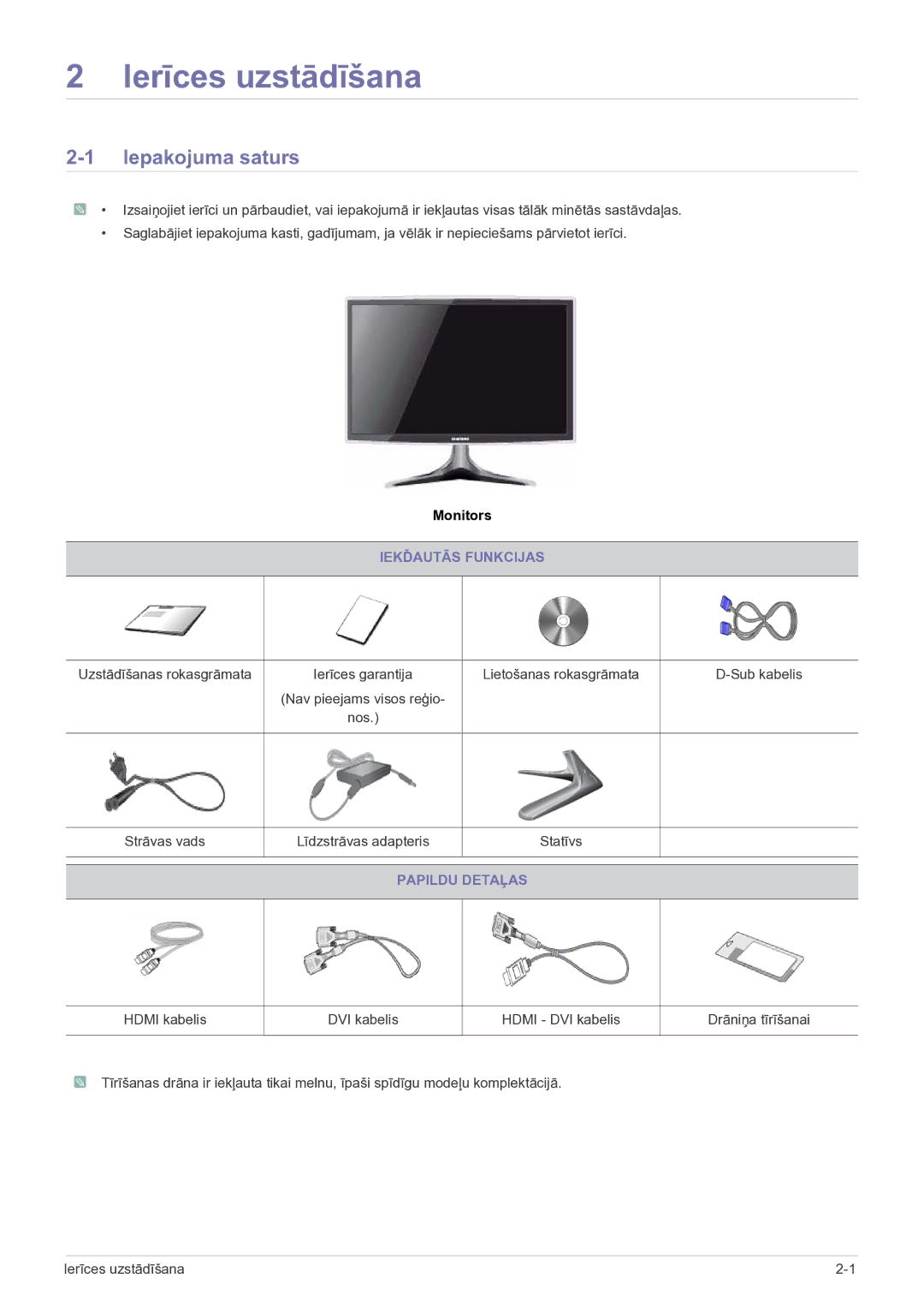 Samsung LS23B5HVFH/EN, LS24B5HVFH/EN manual Iepakojuma saturs, Iekďautās Funkcijas, Papildu Detaļas 