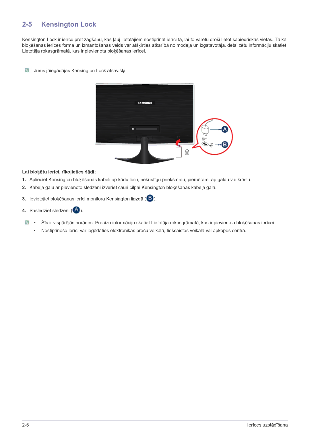 Samsung LS24B5HVFH/EN, LS23B5HVFH/EN manual Kensington Lock, Lai bloķētu ierīci, rīkojieties šādi 