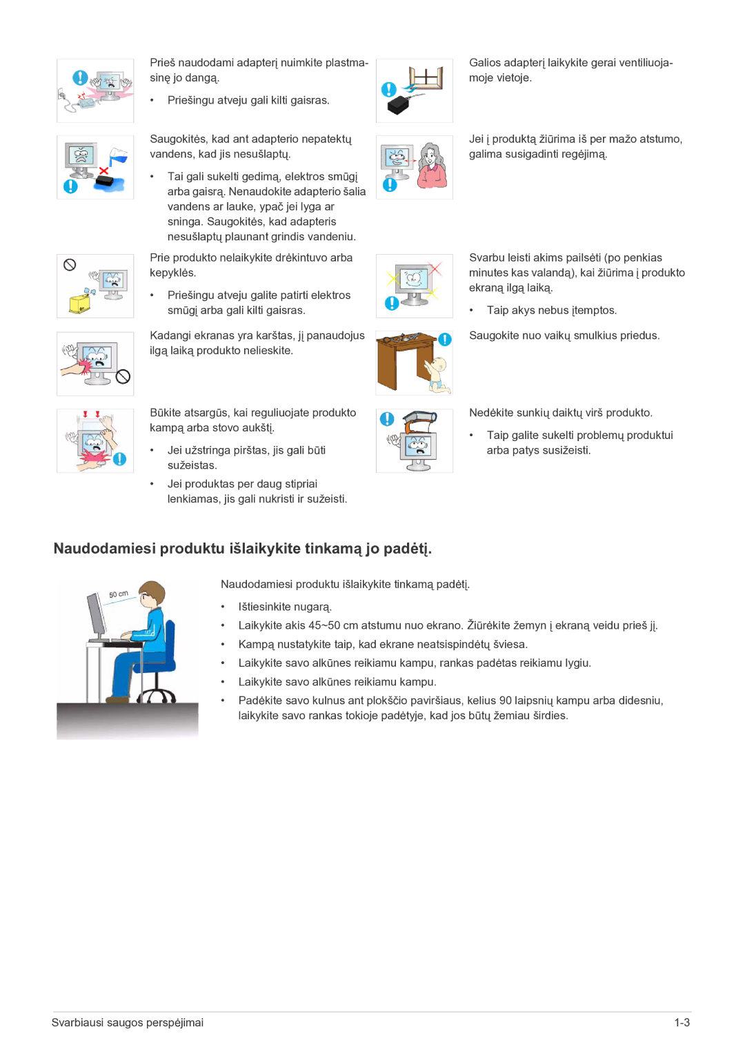 Samsung LS23B5HVFH/EN, LS24B5HVFH/EN manual Naudodamiesi produktu išlaikykite tinkamą jo padėtį 