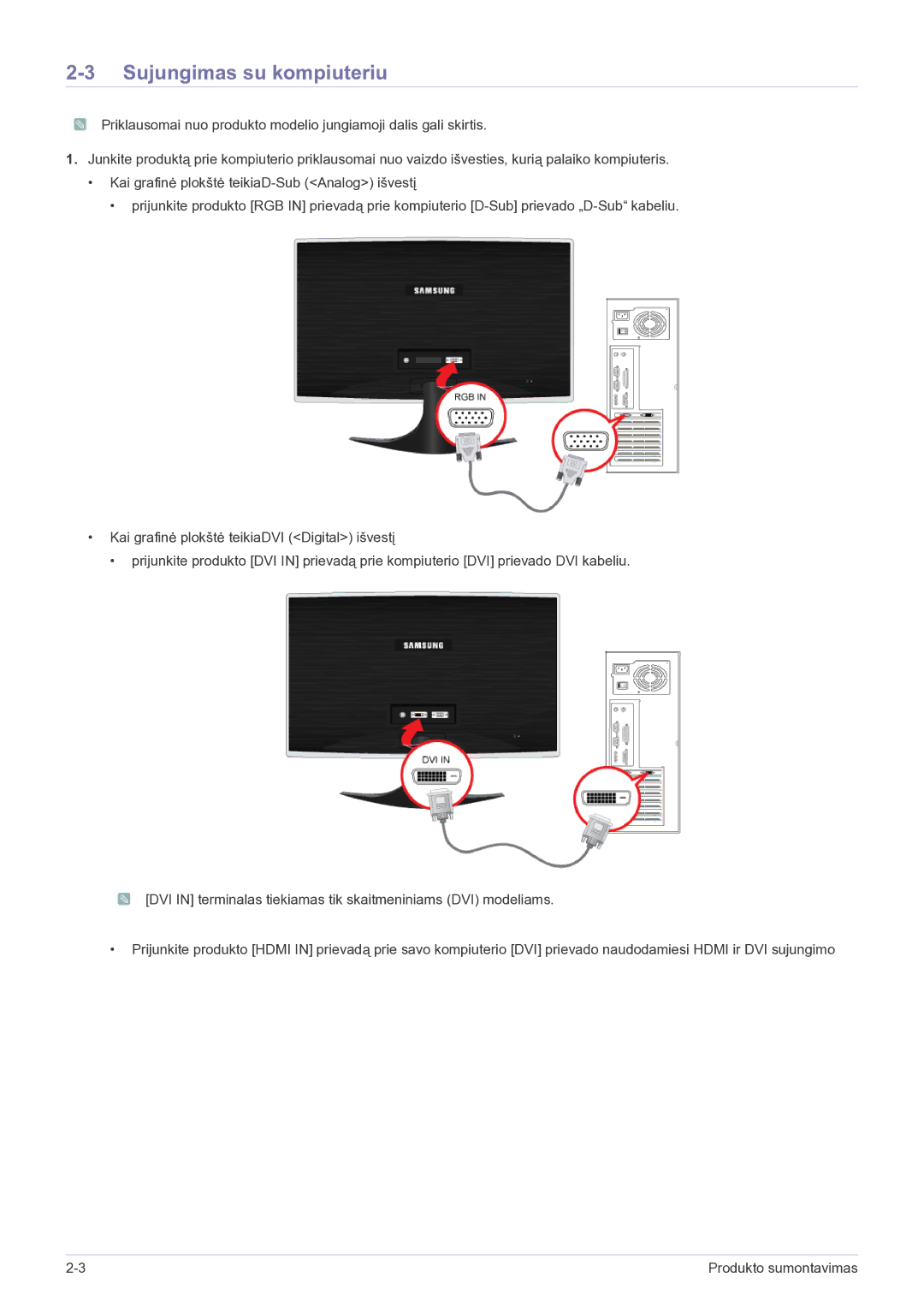 Samsung LS24B5HVFH/EN, LS23B5HVFH/EN manual Sujungimas su kompiuteriu 