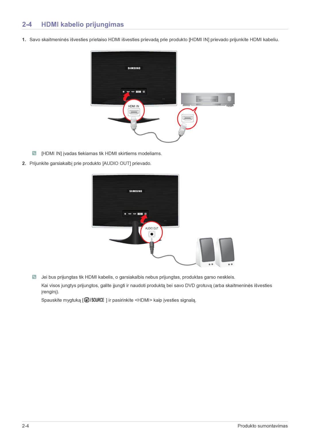 Samsung LS24B5HVFH/EN, LS23B5HVFH/EN manual Hdmi kabelio prijungimas 