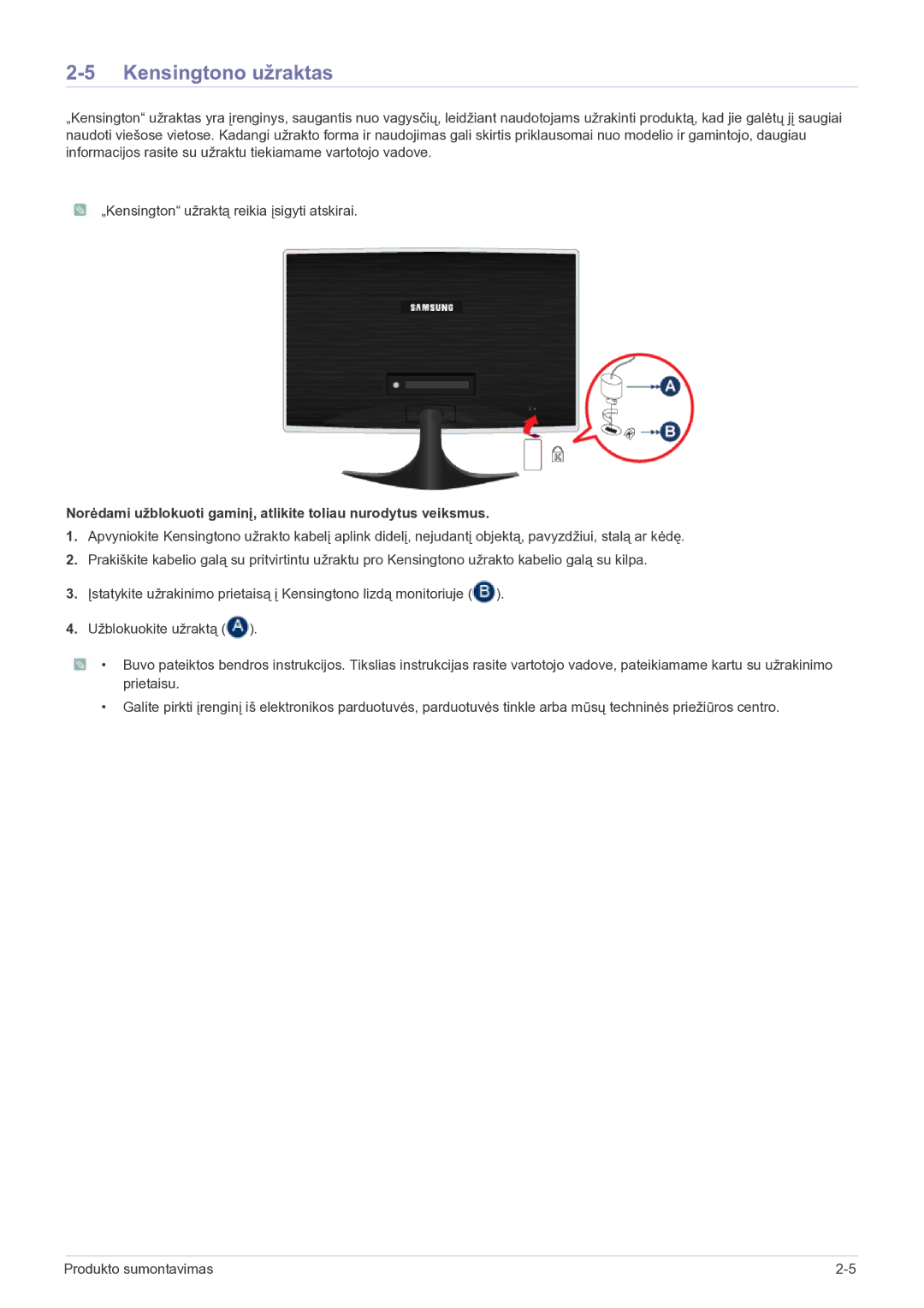 Samsung LS23B5HVFH/EN, LS24B5HVFH/EN manual Kensingtono užraktas 