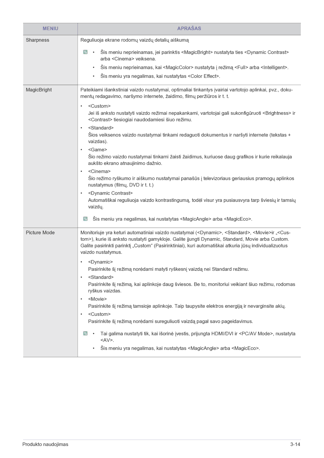 Samsung LS23B5HVFH/EN, LS24B5HVFH/EN manual Nustatymus filmų, DVD ir t. t 