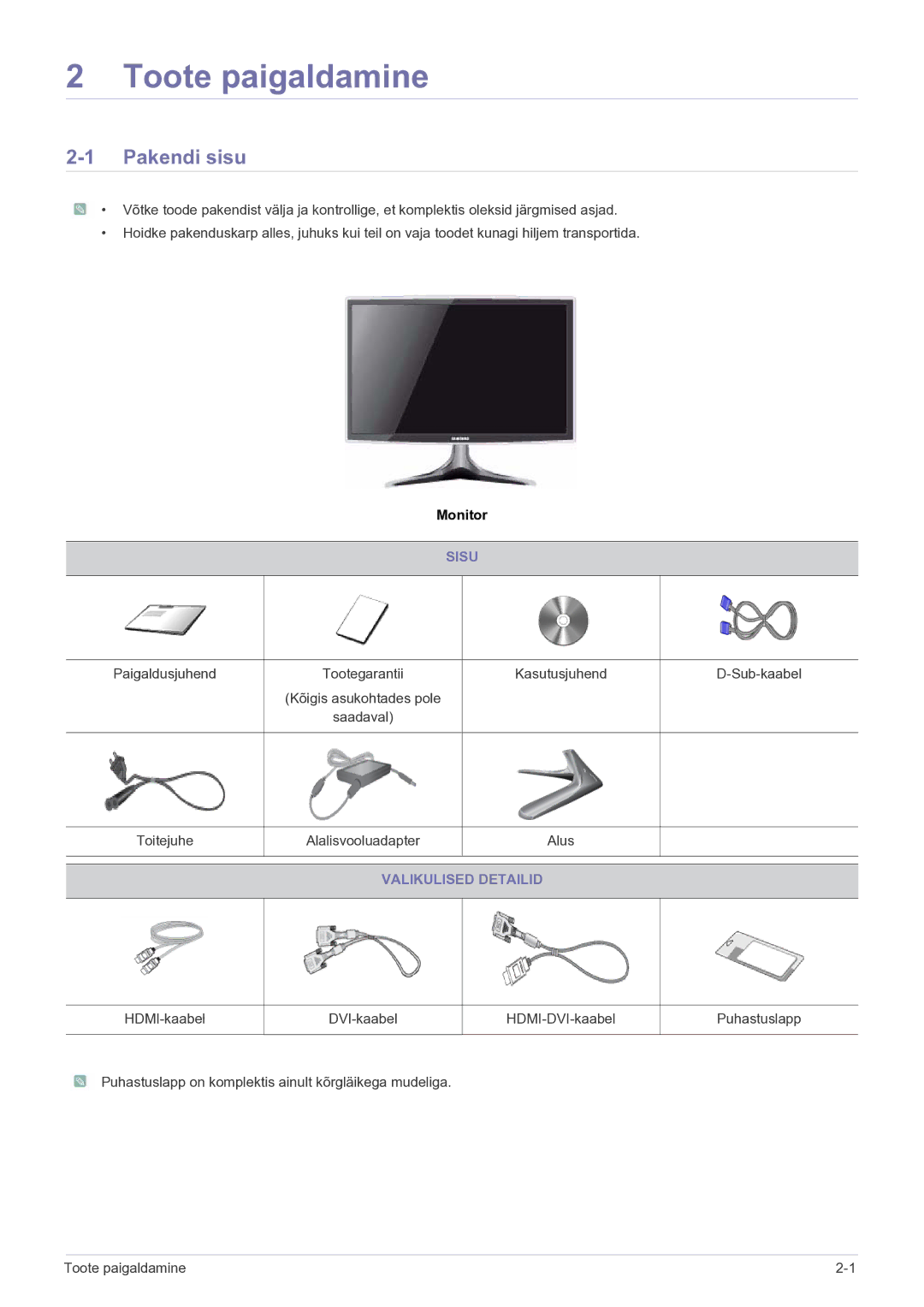 Samsung LS23B5HVFH/EN, LS24B5HVFH/EN manual Pakendi sisu, Sisu, Valikulised Detailid 