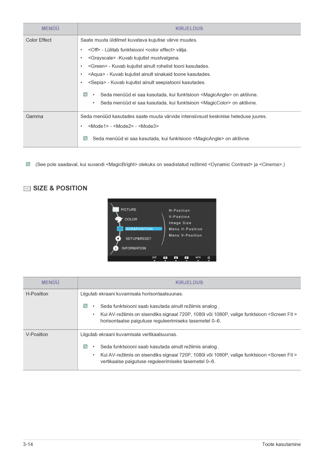 Samsung LS24B5HVFH/EN, LS23B5HVFH/EN manual Size & Position 