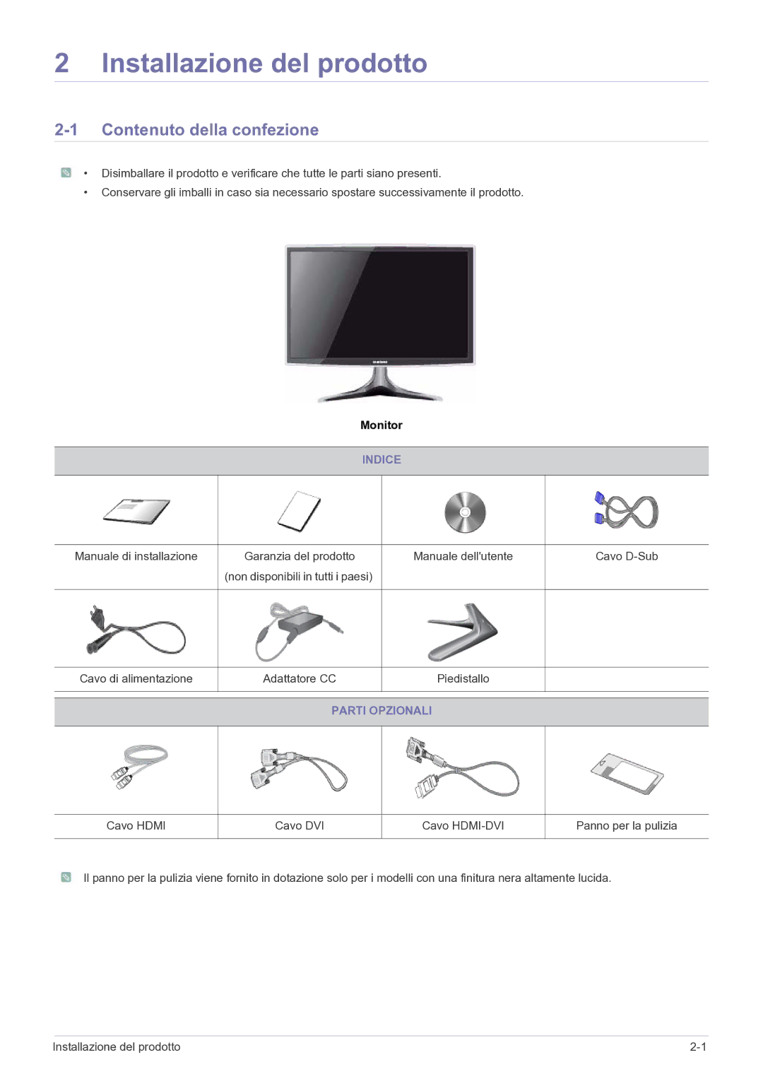 Samsung LS24B5HVFH/EN manual Contenuto della confezione, Indice, Parti Opzionali 