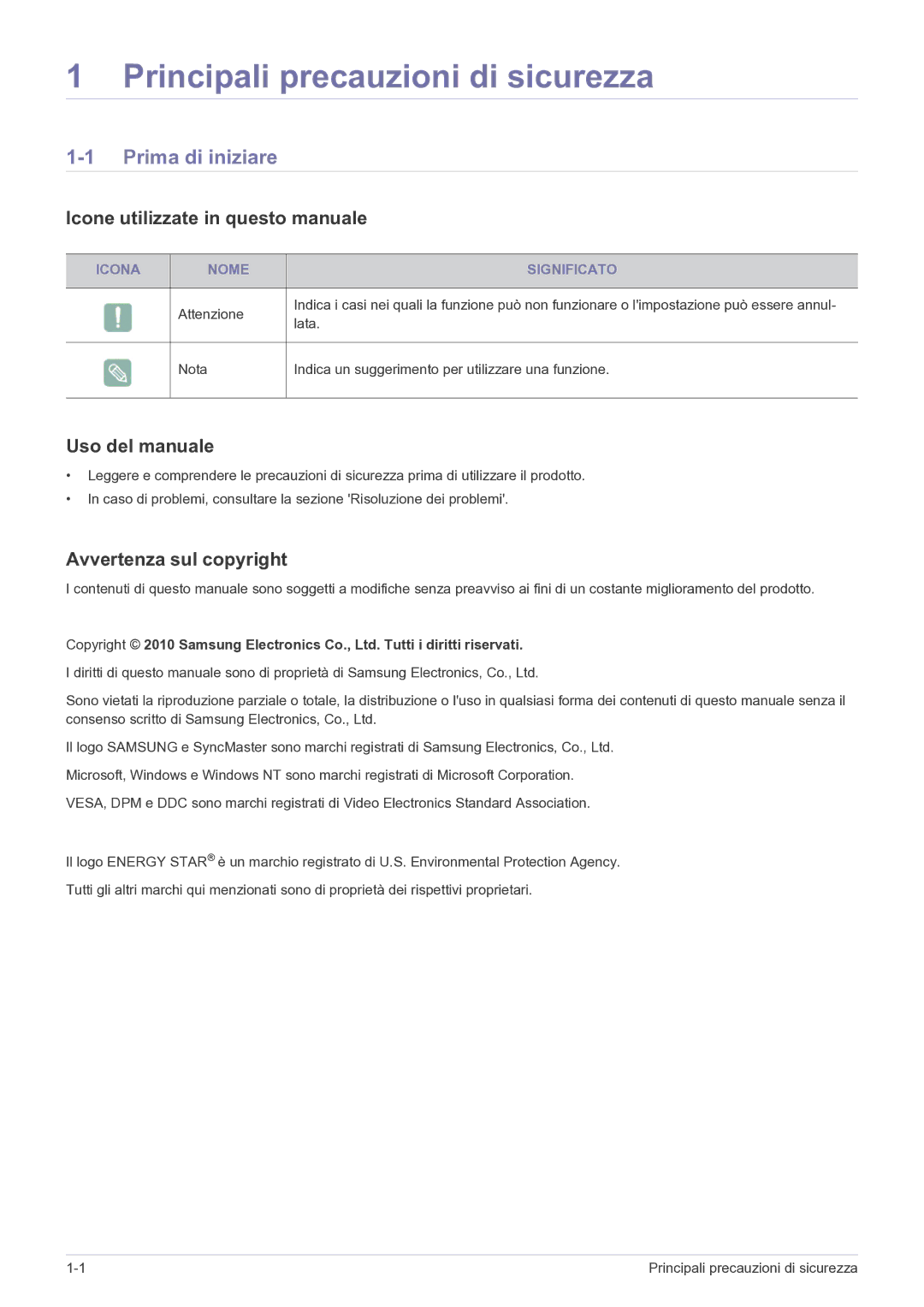 Samsung LS24B5HVFH/EN Prima di iniziare, Icone utilizzate in questo manuale, Uso del manuale, Avvertenza sul copyright 