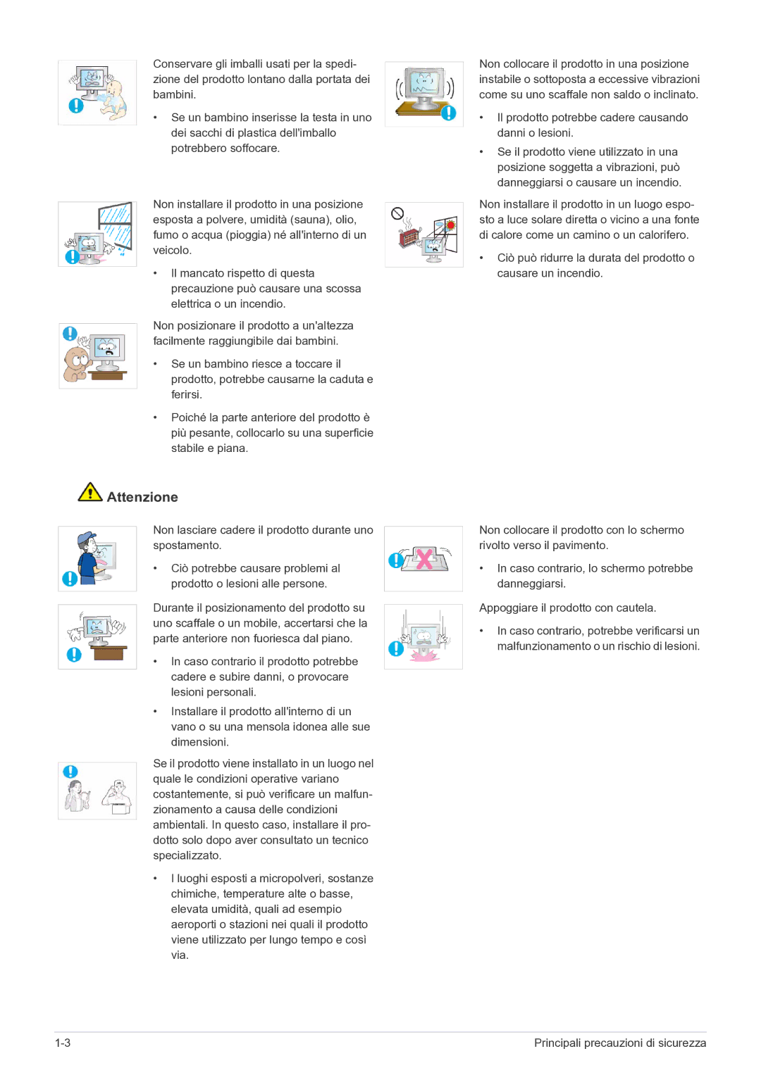 Samsung LS24B5HVFH/EN manual Non lasciare cadere il prodotto durante uno spostamento 