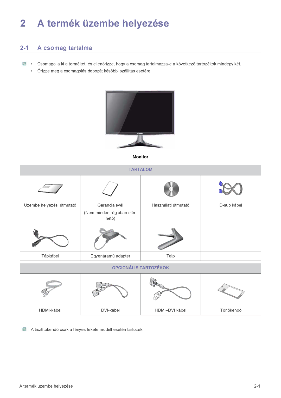 Samsung LS24B5HVFE/EN, LS24B5HVFH/XA, LS22B5HVFE/EN, LS24B5HVFH/EN manual Csomag tartalma, Tartalom, Opcionális Tartozékok 