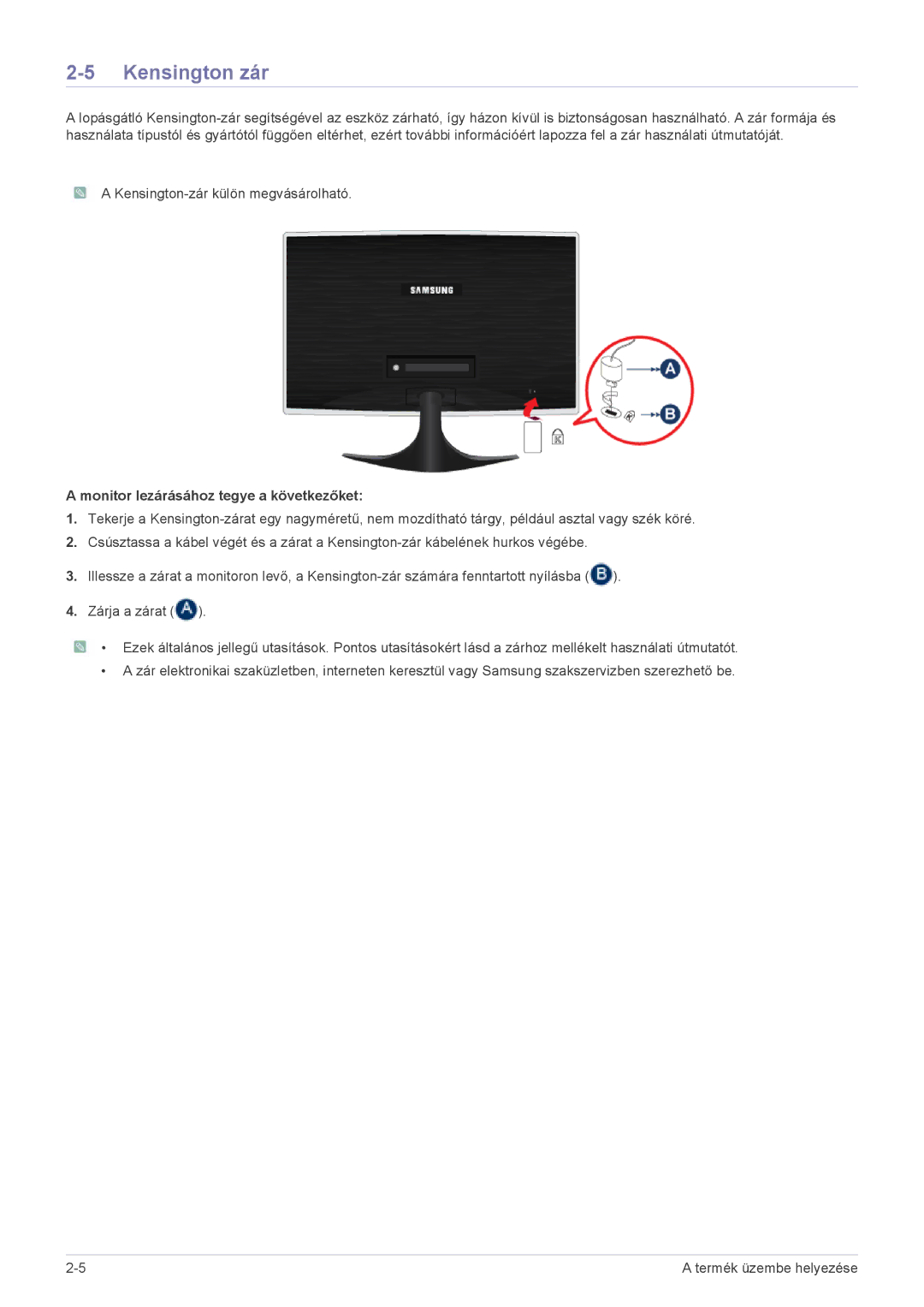 Samsung LS24B5HVFH/XA, LS24B5HVFE/EN, LS22B5HVFE/EN, LS24B5HVFH/EN Kensington zár, Monitor lezárásához tegye a következőket 