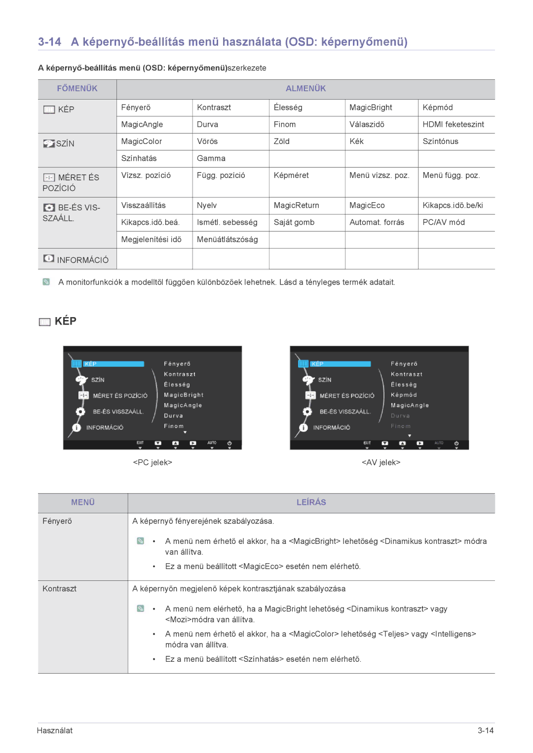 Samsung LS24B5HVFH/EN manual 14 a képernyő-beállítás menü használata OSD képernyőmenü, Főmenük Almenük, Menü Leírás 