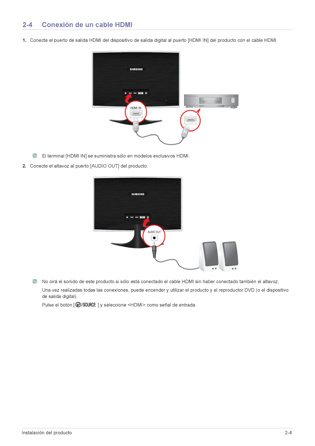 Samsung LS24B5HVFE/EN, LS24B5HVFH/XA, LS22B5HVFE/EN, LS24B5LVFH/EN, LS24B5HVFH/EN, LS23B5HVFH/EN Conexión de un cable Hdmi 