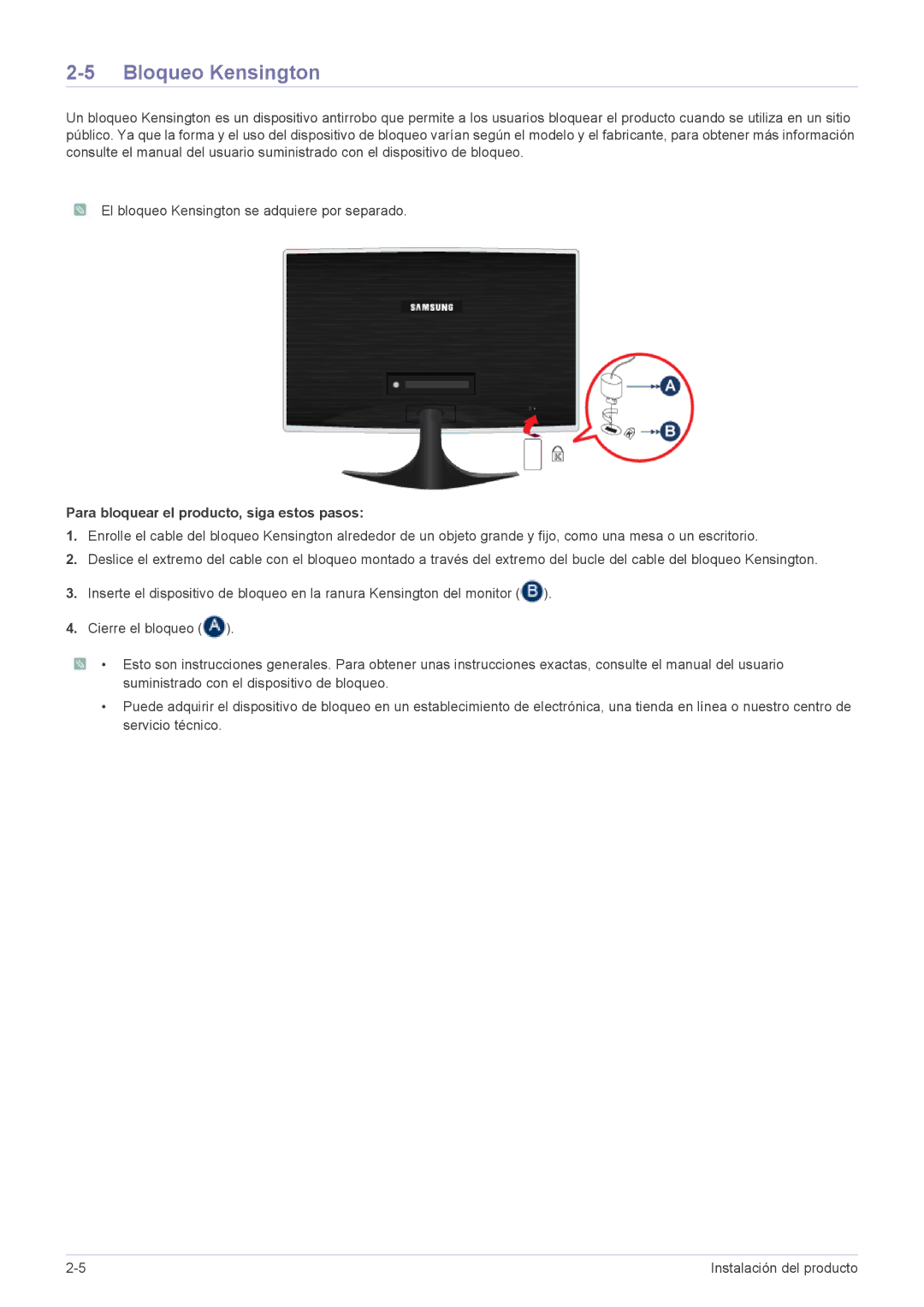 Samsung LS22B5HVFE/EN, LS24B5HVFH/XA, LS24B5HVFE/EN manual Bloqueo Kensington, Para bloquear el producto, siga estos pasos 