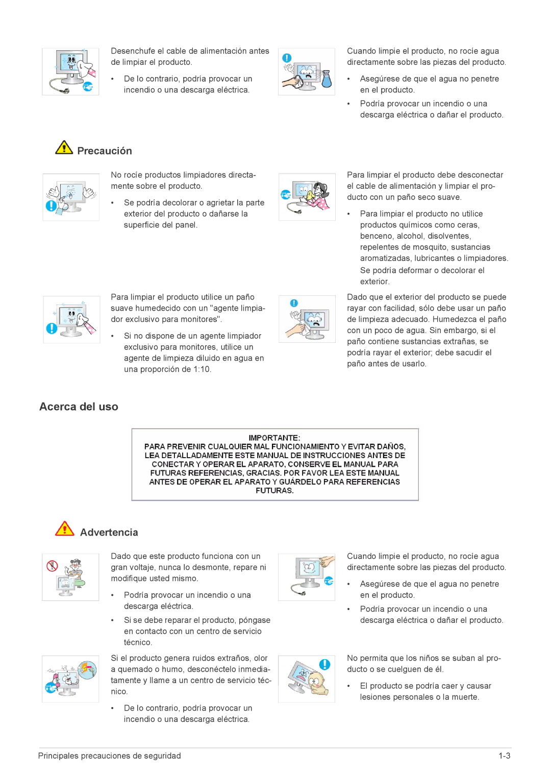 Samsung LS24B5HVFE/EN, LS24B5HVFH/XA, LS22B5HVFE/EN manual Acerca del uso, Asegúrese de que el agua no penetre en el producto 