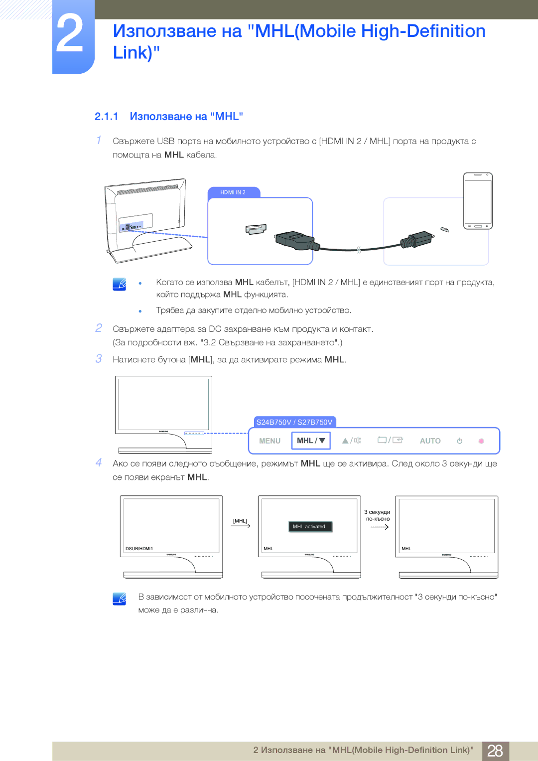 Samsung LS27B750VS/EN, LS24B750VS/EN, LS24B750HS/EN manual 1 Използване на MHL 