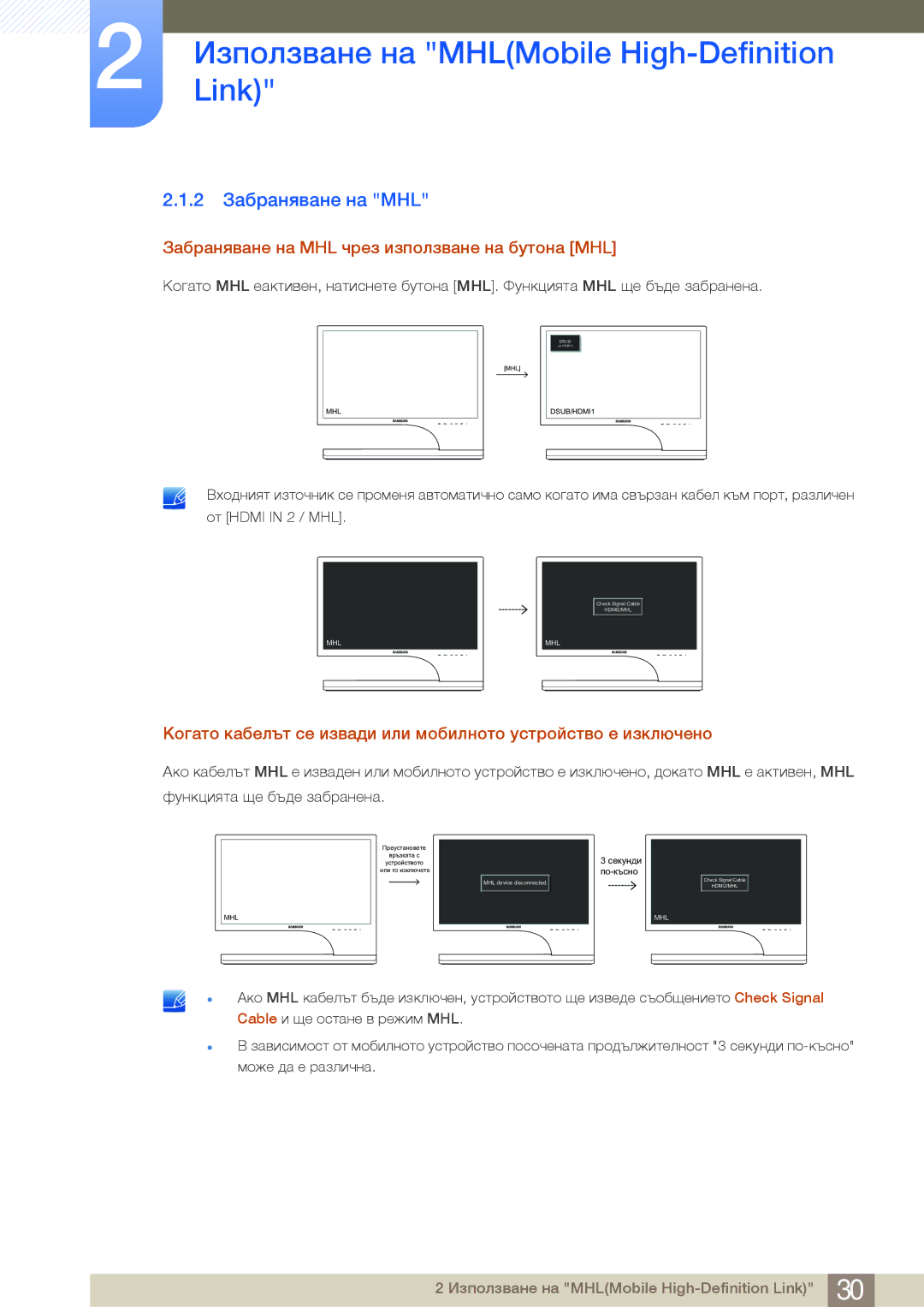 Samsung LS24B750VS/EN, LS27B750VS/EN, LS24B750HS/EN 2 Забраняване на MHL, Забраняване на MHL чрез използване на бутона MHL 