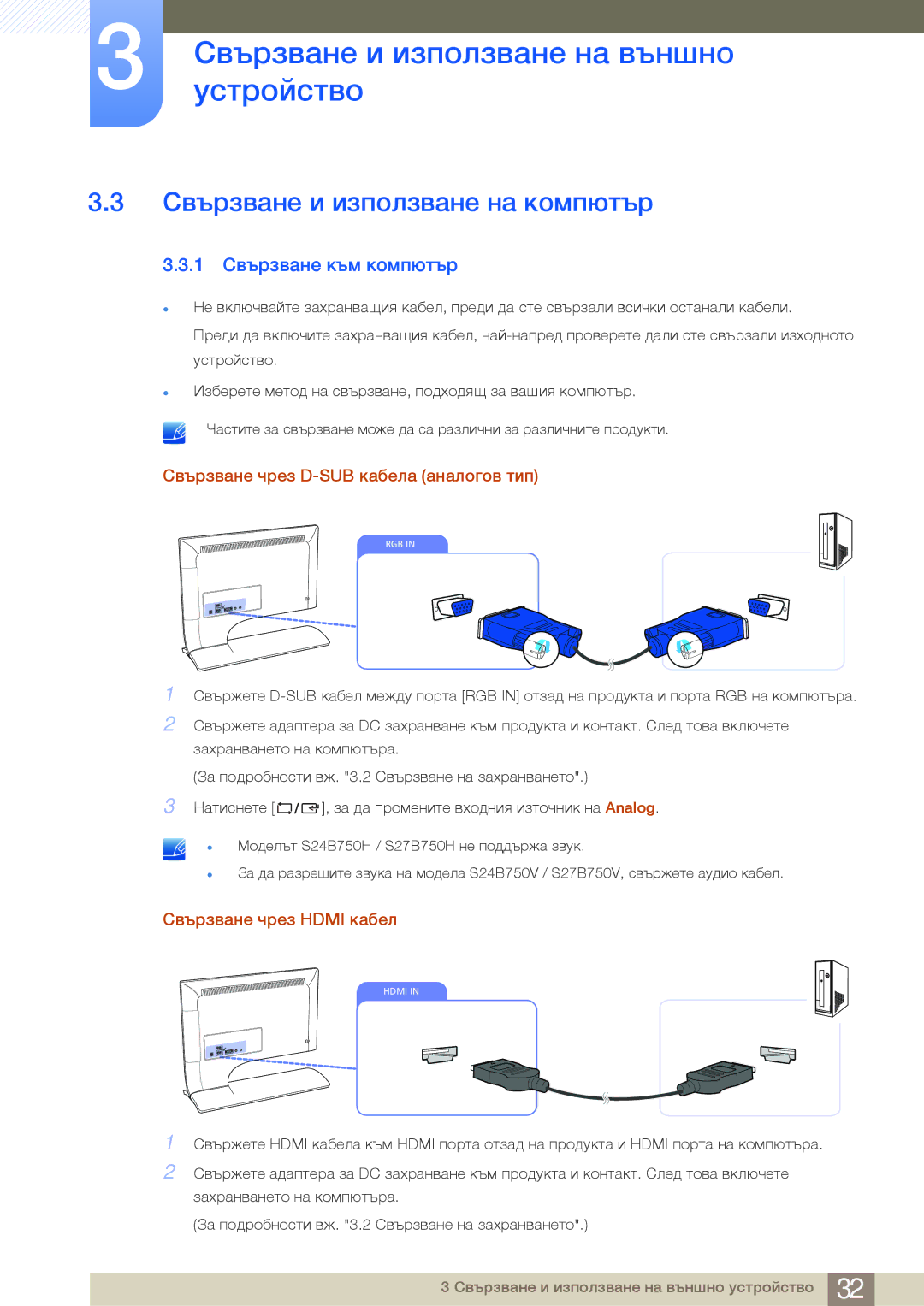 Samsung LS24B750HS/EN manual Свързване и използване на компютър, 1 Свързване към компютър, Свързване чрез Hdmi кабел 