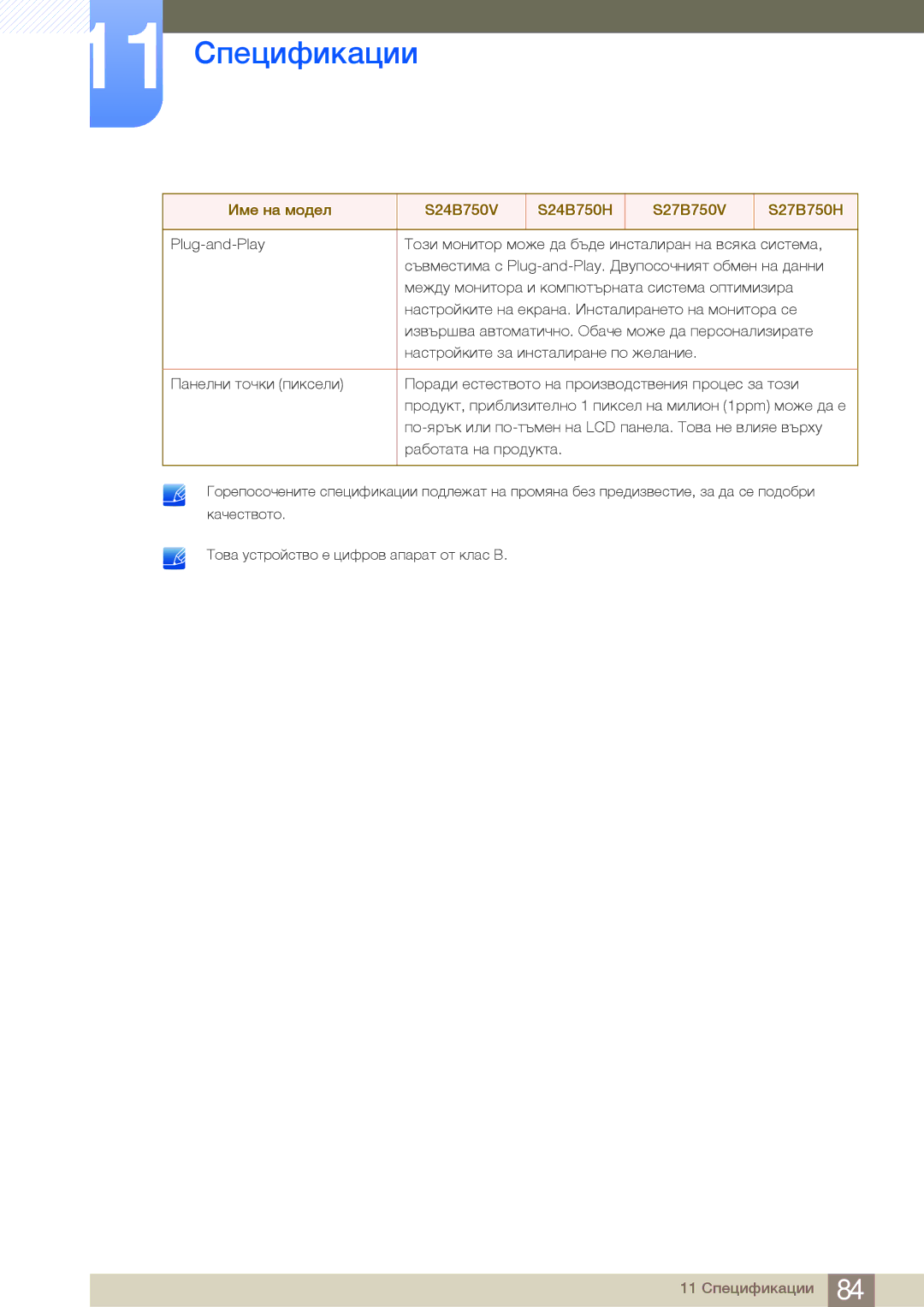 Samsung LS24B750VS/EN, LS27B750VS/EN, LS24B750HS/EN manual 11 Спецификации 