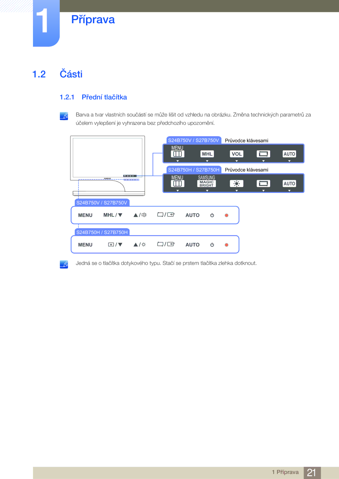 Samsung LS27B750VS/EN, LS24B750VS/EN, LS27B750HS/EN, LS24B750HS/EN manual Části, 1 Přední tlačítka 