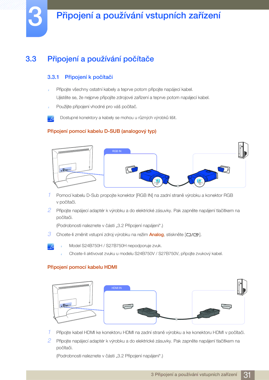 Samsung LS24B750HS/EN Připojení a používání počítače, 1 Připojení k počítači, Připojení pomocí kabelu D-SUB analogový typ 