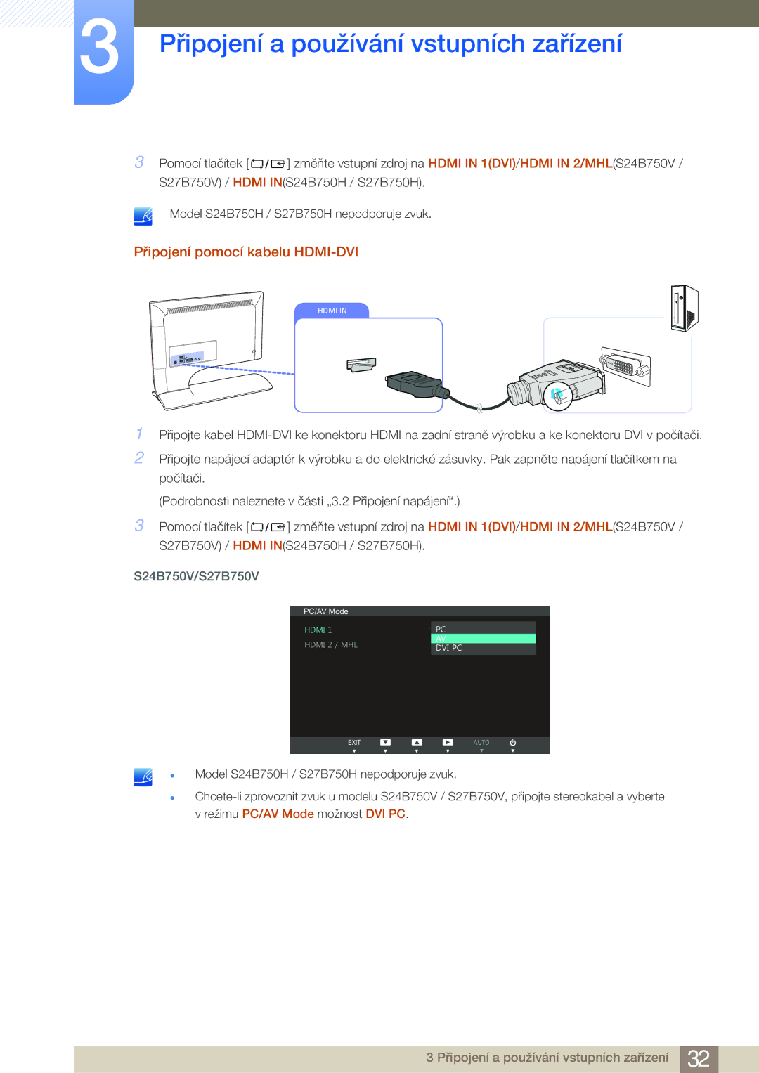 Samsung LS24B750VS/EN, LS27B750VS/EN, LS27B750HS/EN, LS24B750HS/EN manual Připojení pomocí kabelu HDMI-DVI, S24B750V/S27B750V 