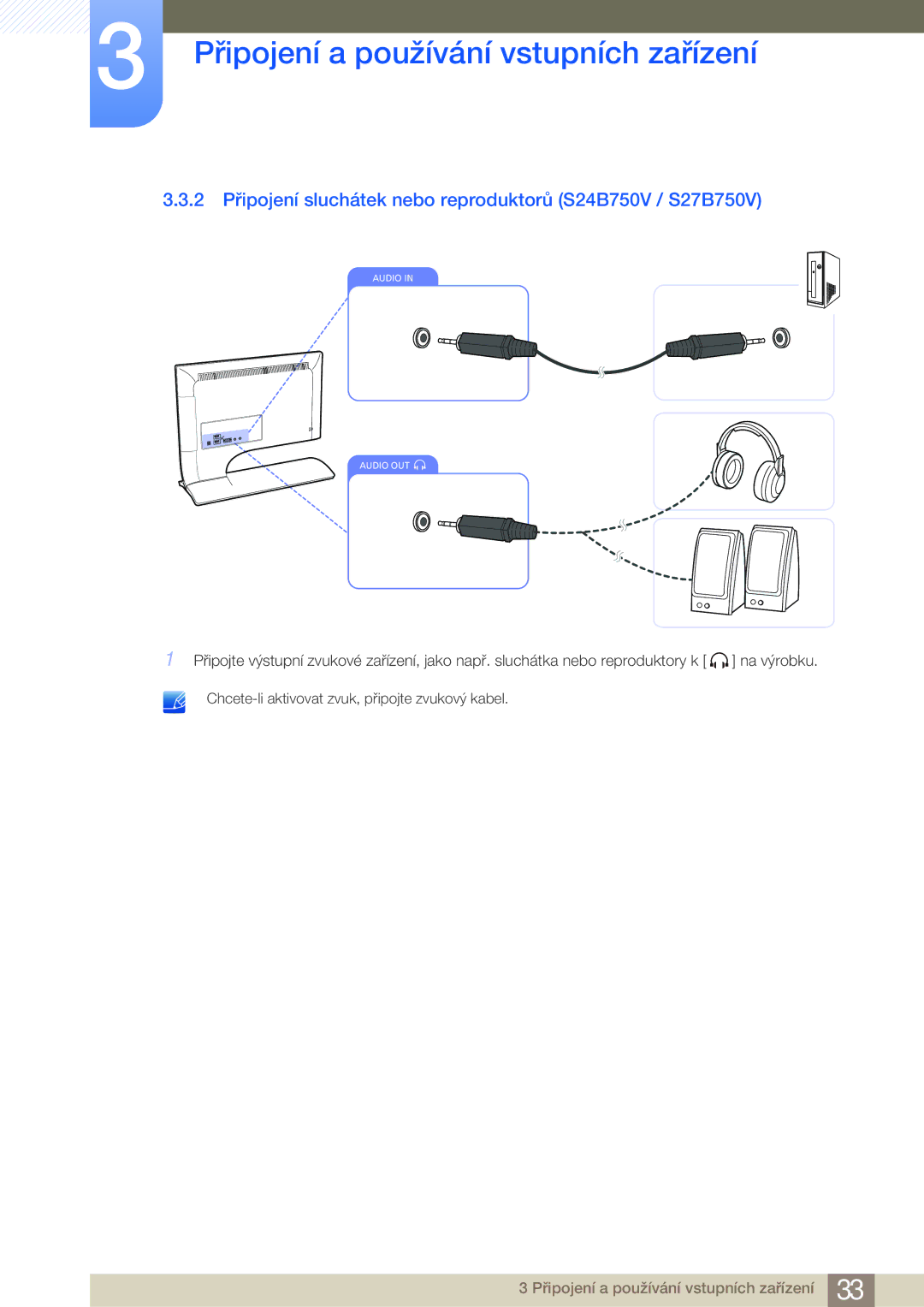 Samsung LS27B750VS/EN, LS24B750VS/EN, LS27B750HS/EN manual 2 Připojení sluchátek nebo reproduktorů S24B750V / S27B750V 