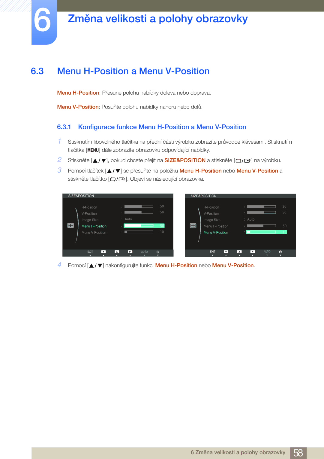 Samsung LS27B750HS/EN, LS24B750VS/EN, LS27B750VS/EN, LS24B750HS/EN Konfigurace funkce Menu H-Position a Menu V-Position 