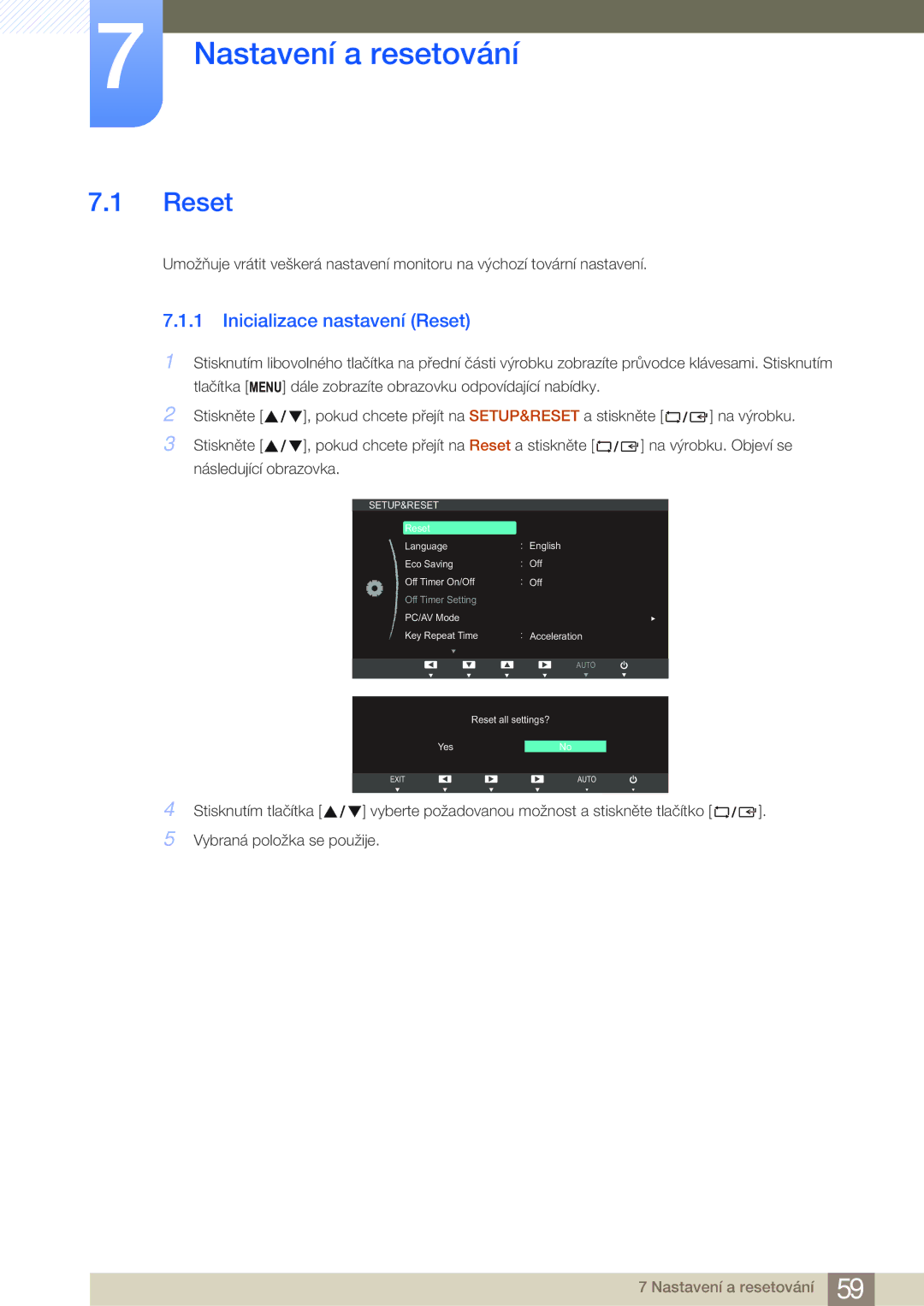 Samsung LS24B750HS/EN, LS24B750VS/EN, LS27B750VS/EN, LS27B750HS/EN Nastavení a resetování, Inicializace nastavení Reset 