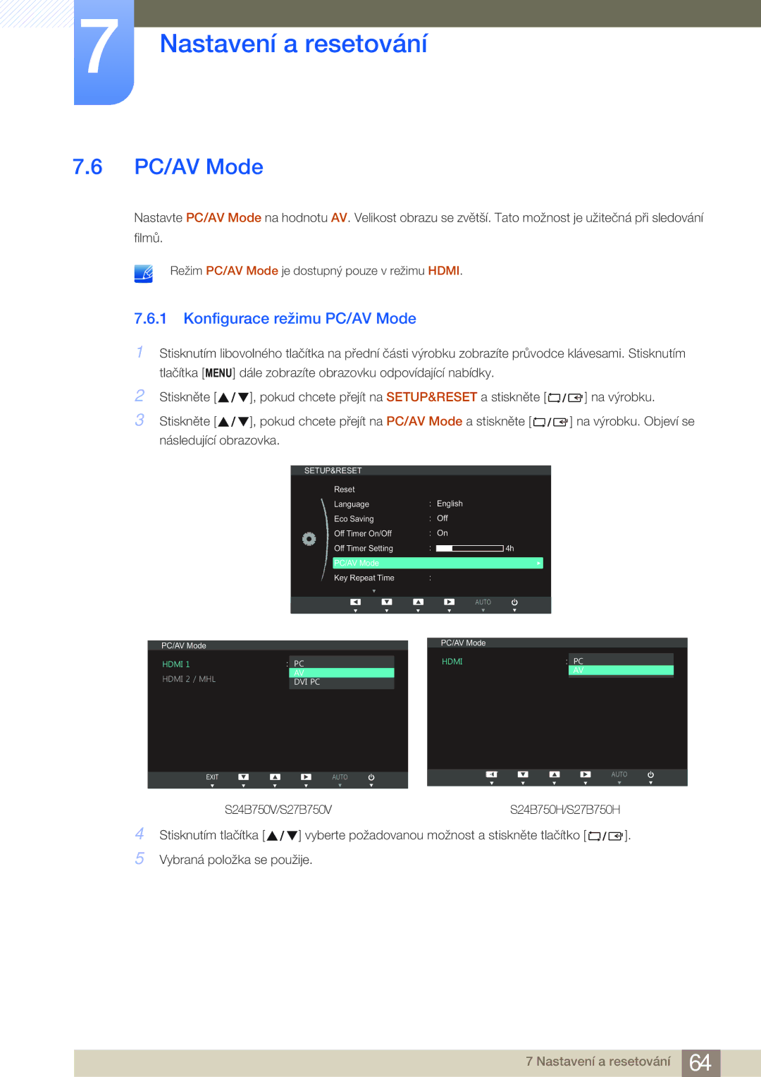 Samsung LS24B750VS/EN, LS27B750VS/EN, LS27B750HS/EN, LS24B750HS/EN manual Konfigurace režimu PC/AV Mode 