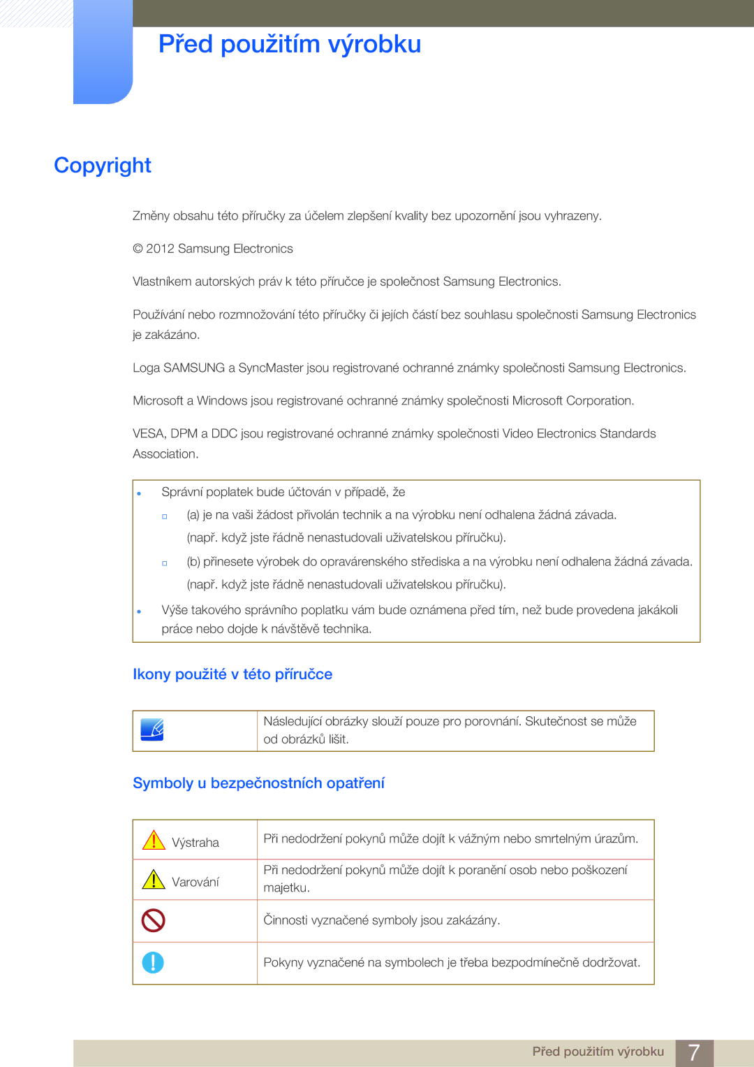 Samsung LS24B750HS/EN Před použitím výrobku, Copyright, Ikony použité v této příručce, Symboly u bezpečnostních opatření 