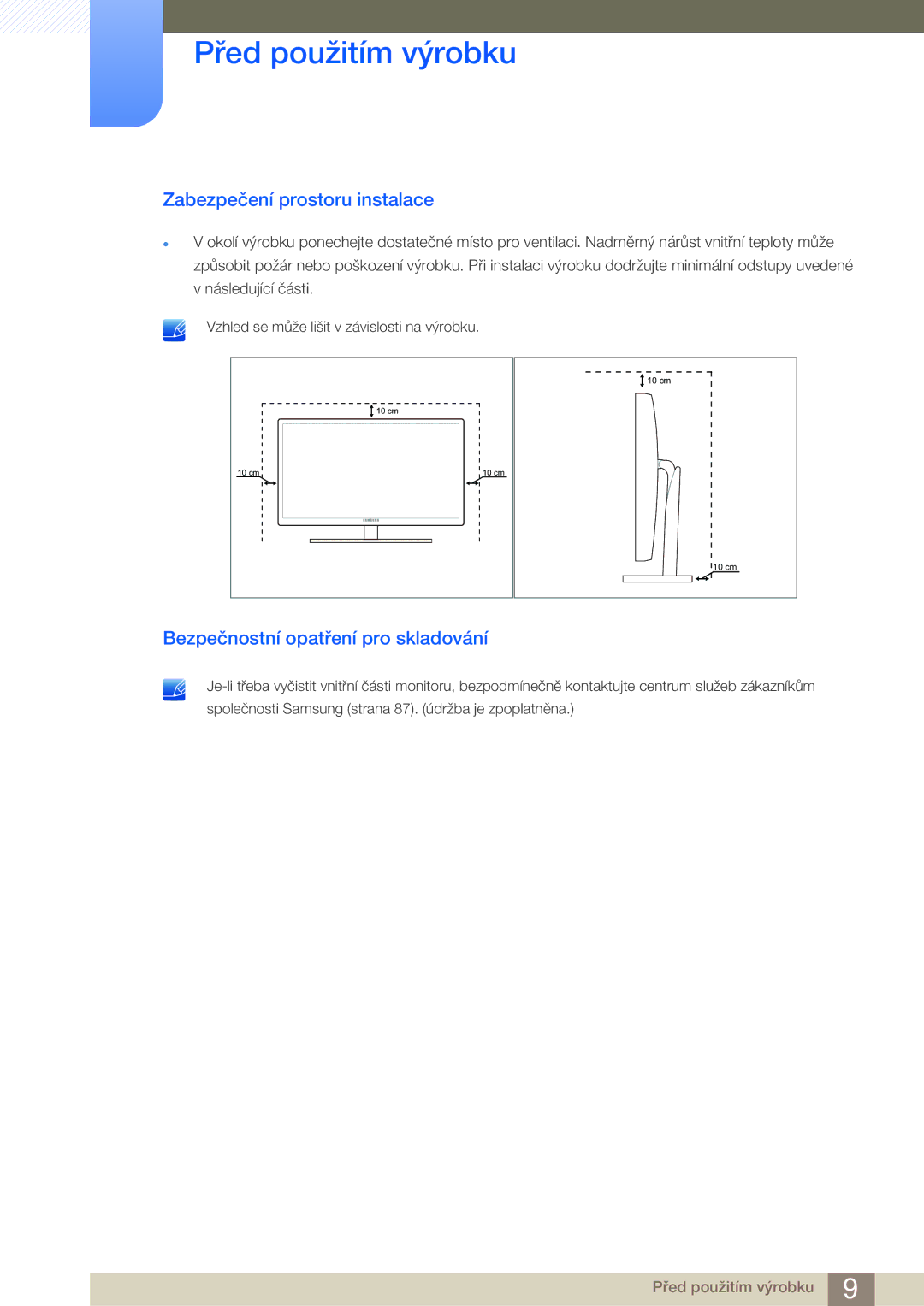 Samsung LS27B750VS/EN, LS24B750VS/EN, LS27B750HS/EN Zabezpečení prostoru instalace, Bezpečnostní opatření pro skladování 