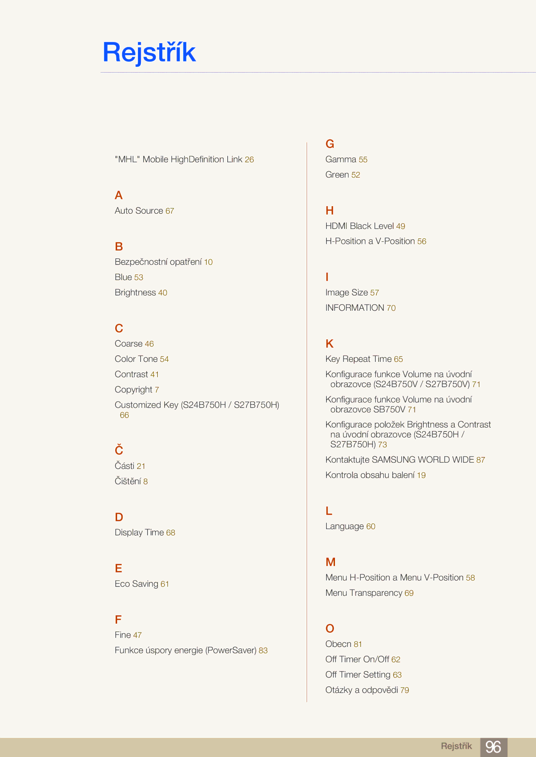 Samsung LS24B750VS/EN, LS27B750VS/EN, LS27B750HS/EN, LS24B750HS/EN manual Rejstřík 