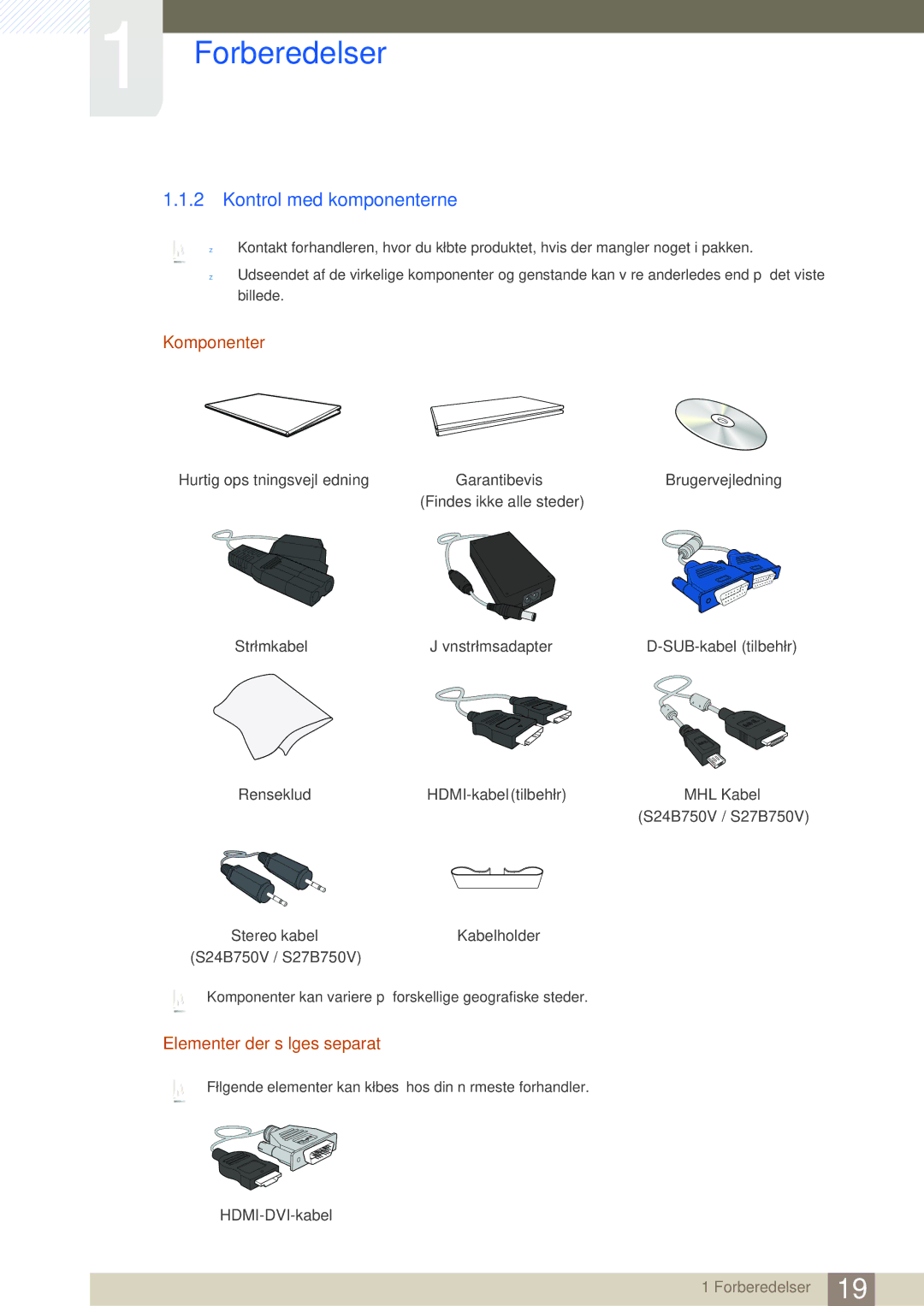 Samsung LS27B750VS/EN, LS24B750VS/EN, LS27B750HS/EN manual Kontrol med komponenterne, Komponenter 