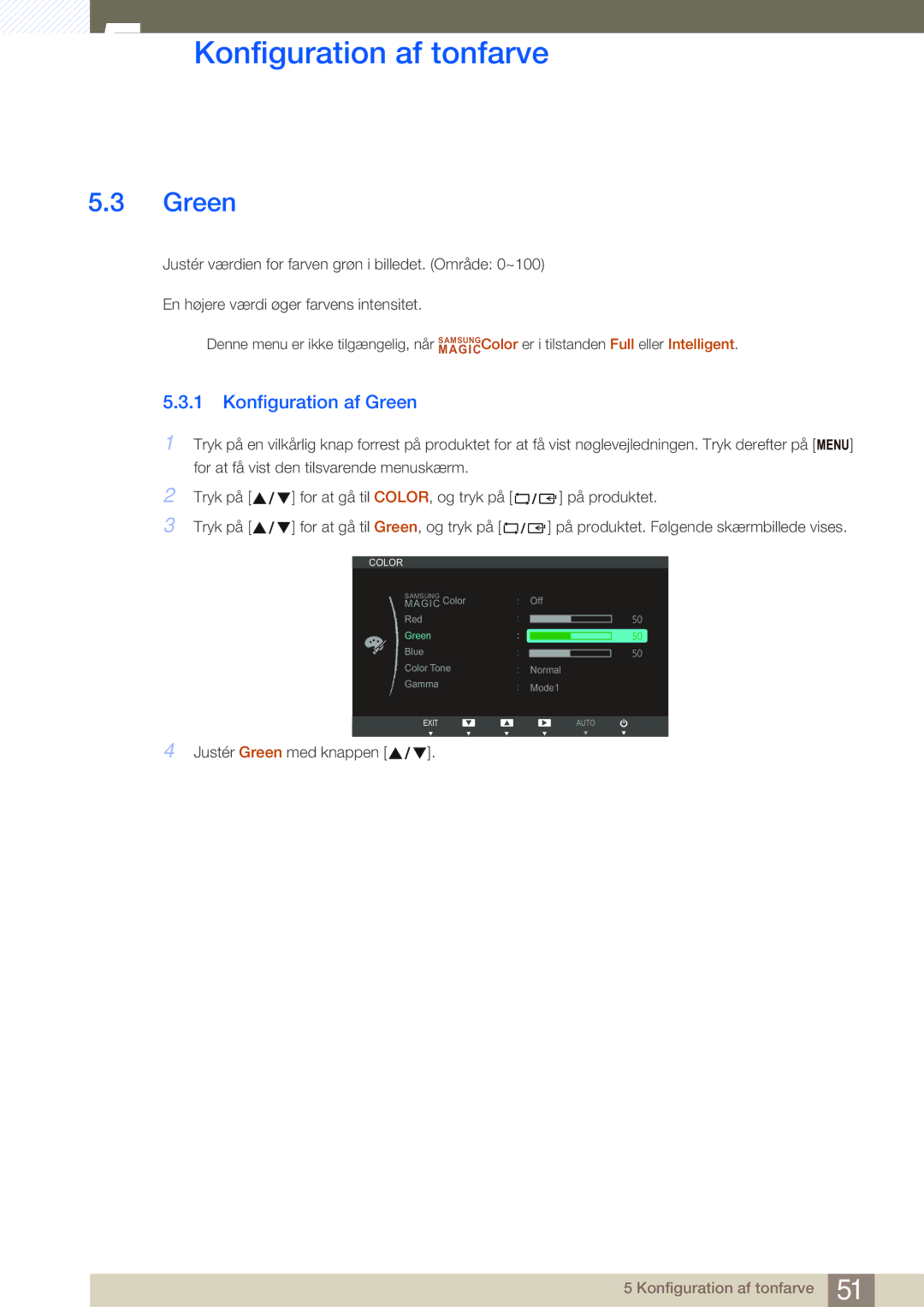 Samsung LS24B750VS/EN, LS27B750VS/EN, LS27B750HS/EN manual Konfiguration af Green 