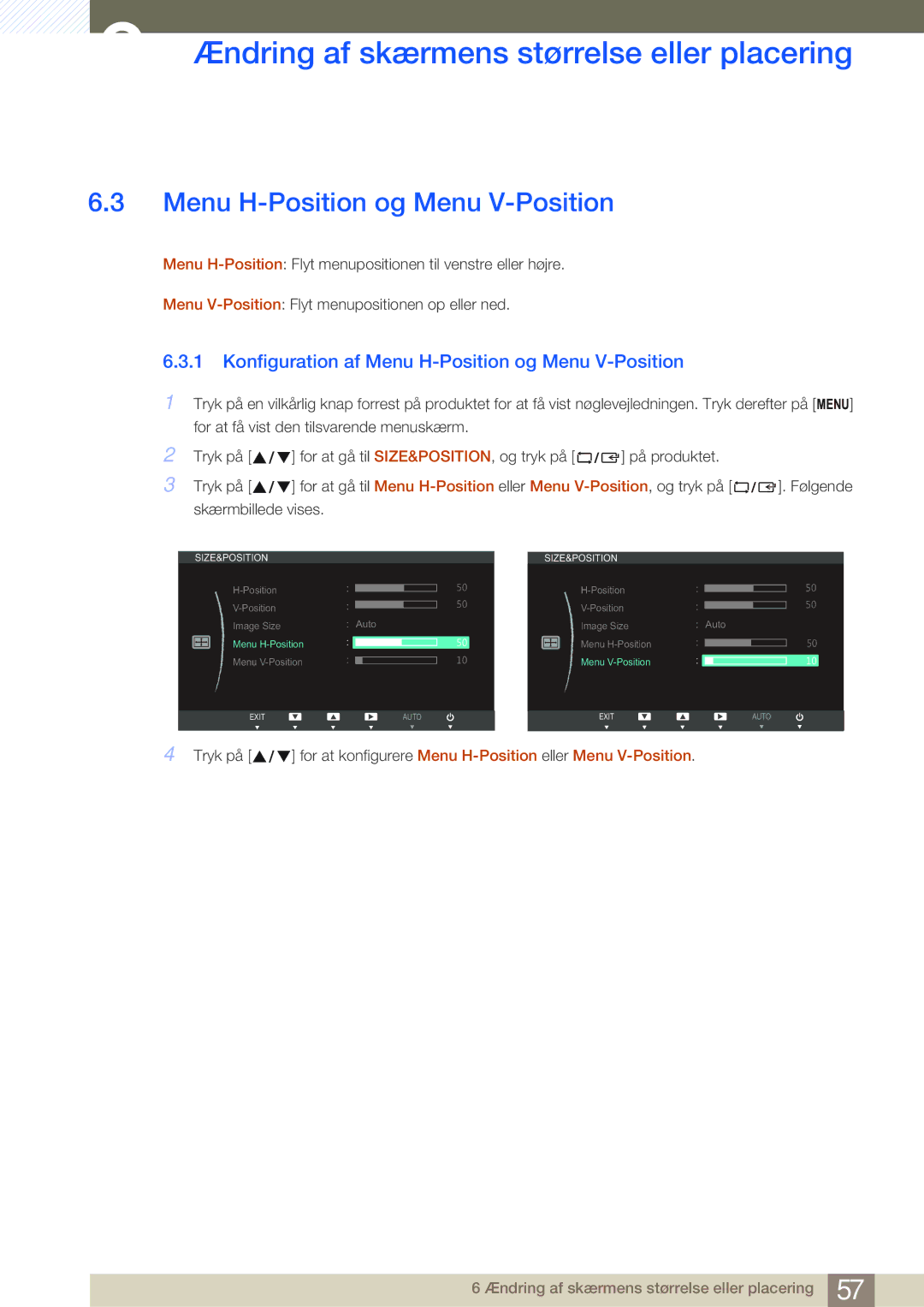 Samsung LS24B750VS/EN, LS27B750VS/EN, LS27B750HS/EN manual Konfiguration af Menu H-Position og Menu V-Position 