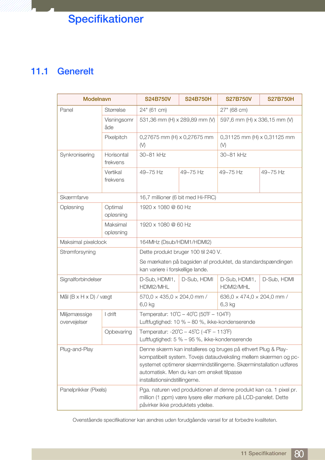 Samsung LS27B750HS/EN, LS24B750VS/EN, LS27B750VS/EN manual Specifikationer, Generelt 