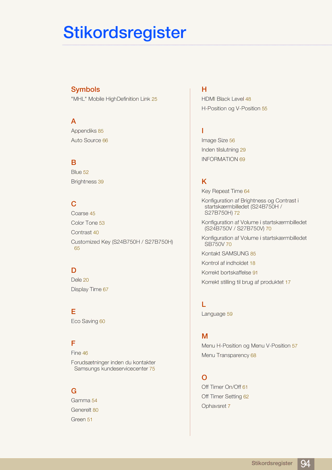 Samsung LS27B750VS/EN, LS24B750VS/EN, LS27B750HS/EN manual Stikordsregister 