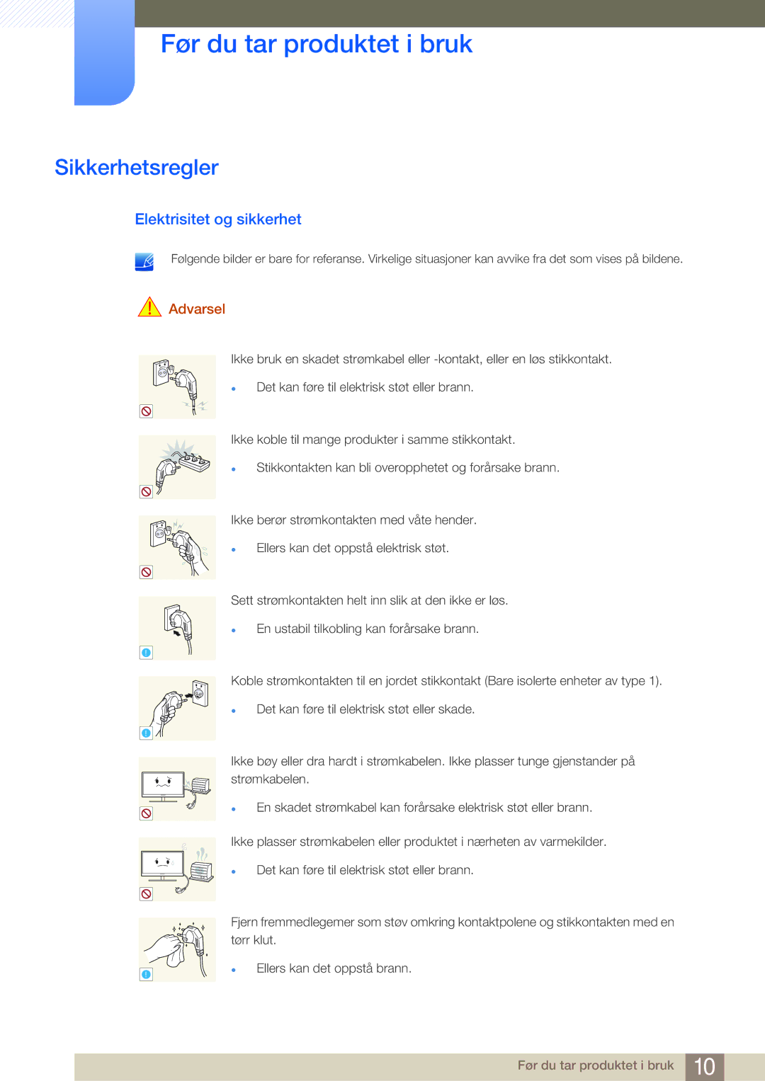 Samsung LS27B750VS/EN, LS24B750VS/EN, LS27B750HS/EN manual Sikkerhetsregler, Elektrisitet og sikkerhet 